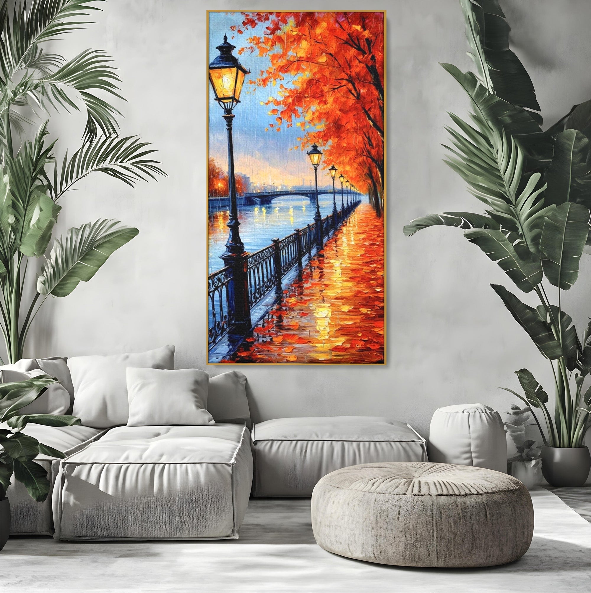 Tablou Canvas Premium LuxCanva® PI1115, Promenada Toamnei, Felinar, Parc, Peisaj, Rau, Living, Culori Vibrante
