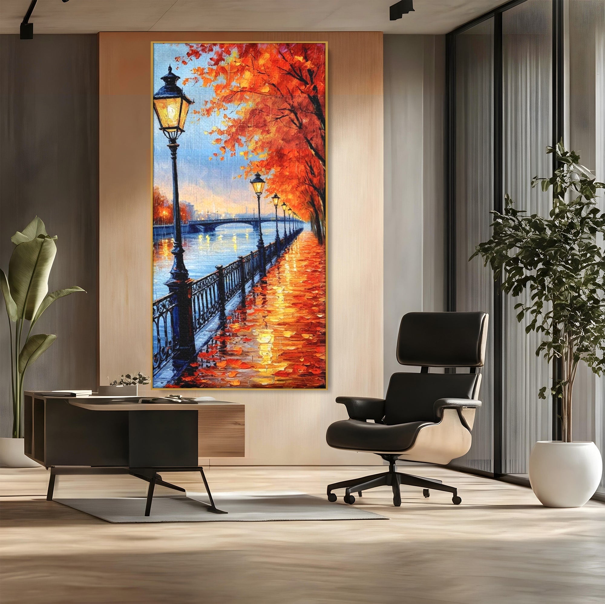 Tablou Canvas Premium LuxCanva® PI1115, Promenada Toamnei, Felinar, Parc, Peisaj, Rau, Living, Culori Vibrante