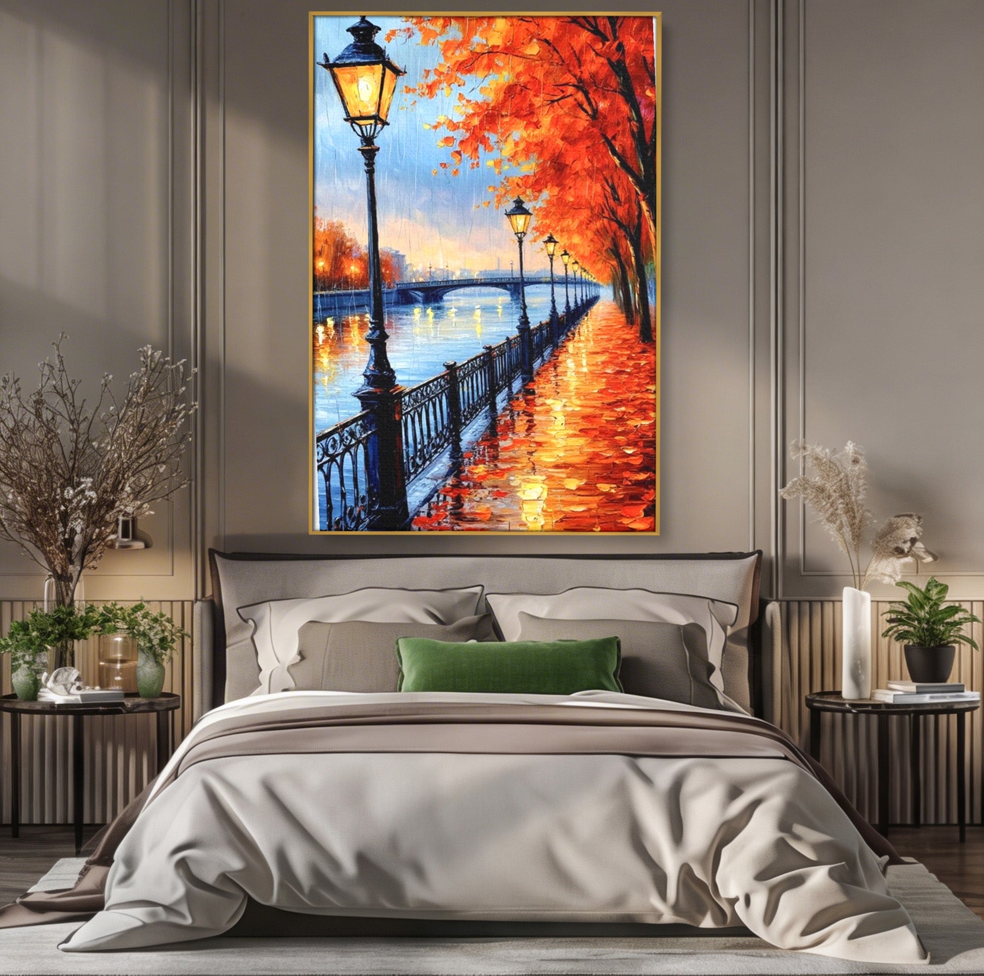 Tablou Canvas Premium LuxCanva® PI1115, Promenada Toamnei, Felinar, Parc, Peisaj, Rau, Living, Culori Vibrante