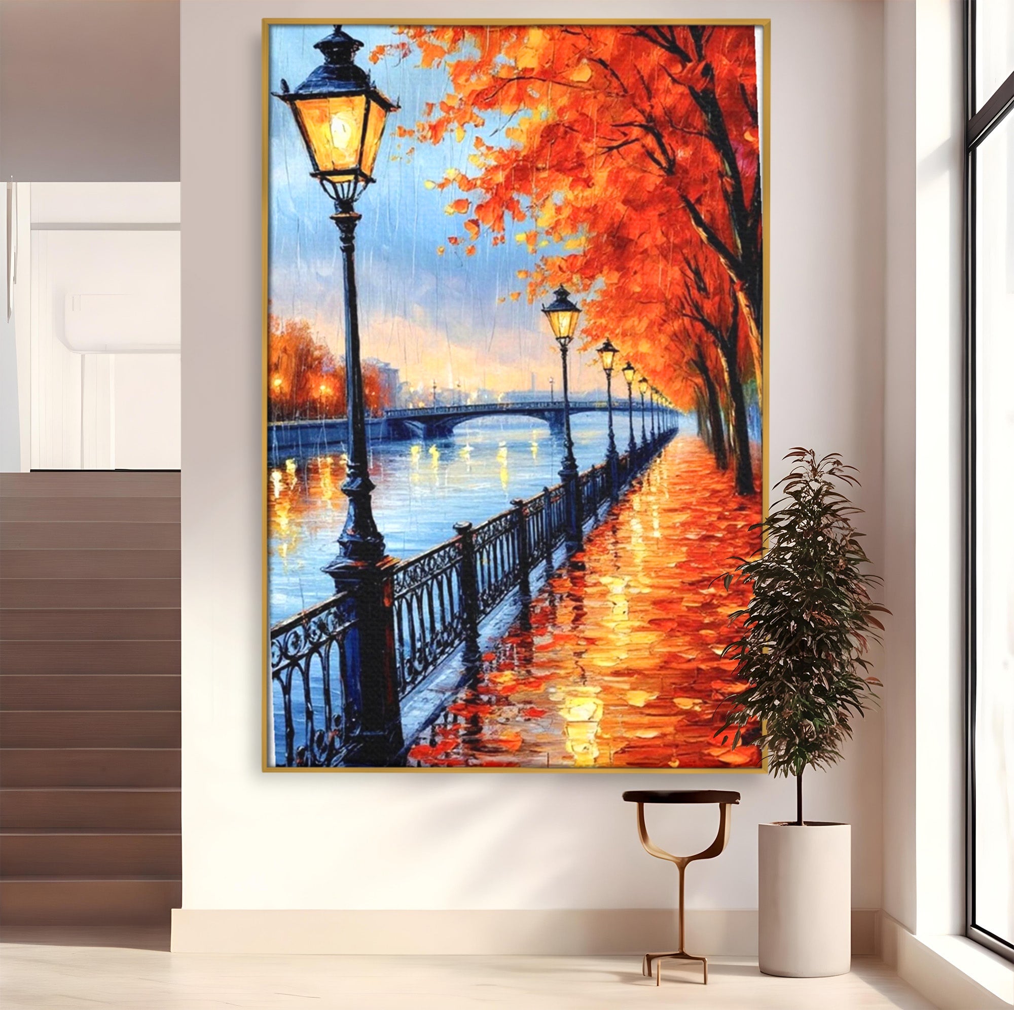 Tablou Canvas Premium LuxCanva® PI1115, Promenada Toamnei, Felinar, Parc, Peisaj, Rau, Living, Culori Vibrante