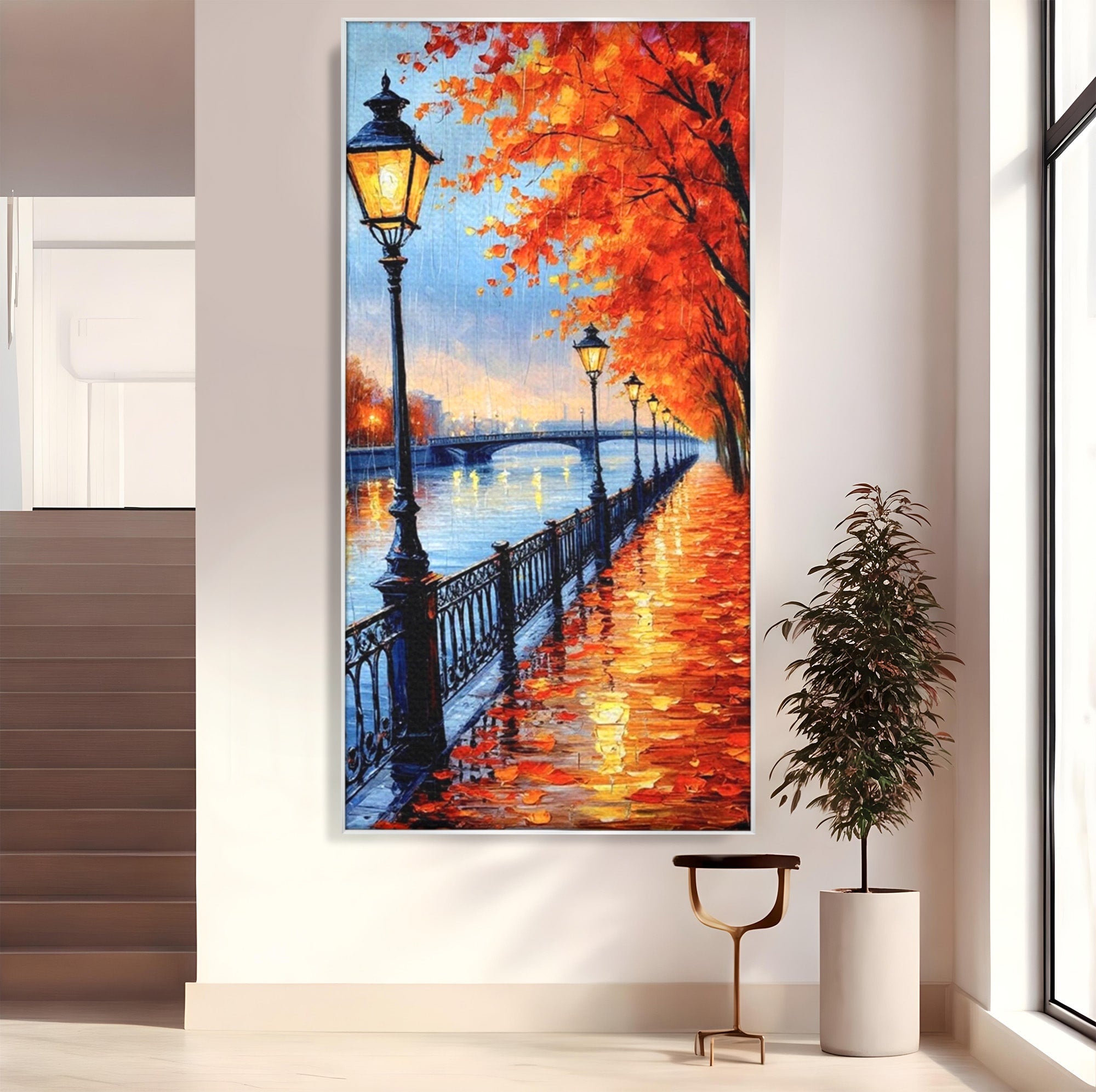 Tablou Canvas Premium LuxCanva® PI1115, Promenada Toamnei, Felinar, Parc, Peisaj, Rau, Living, Culori Vibrante