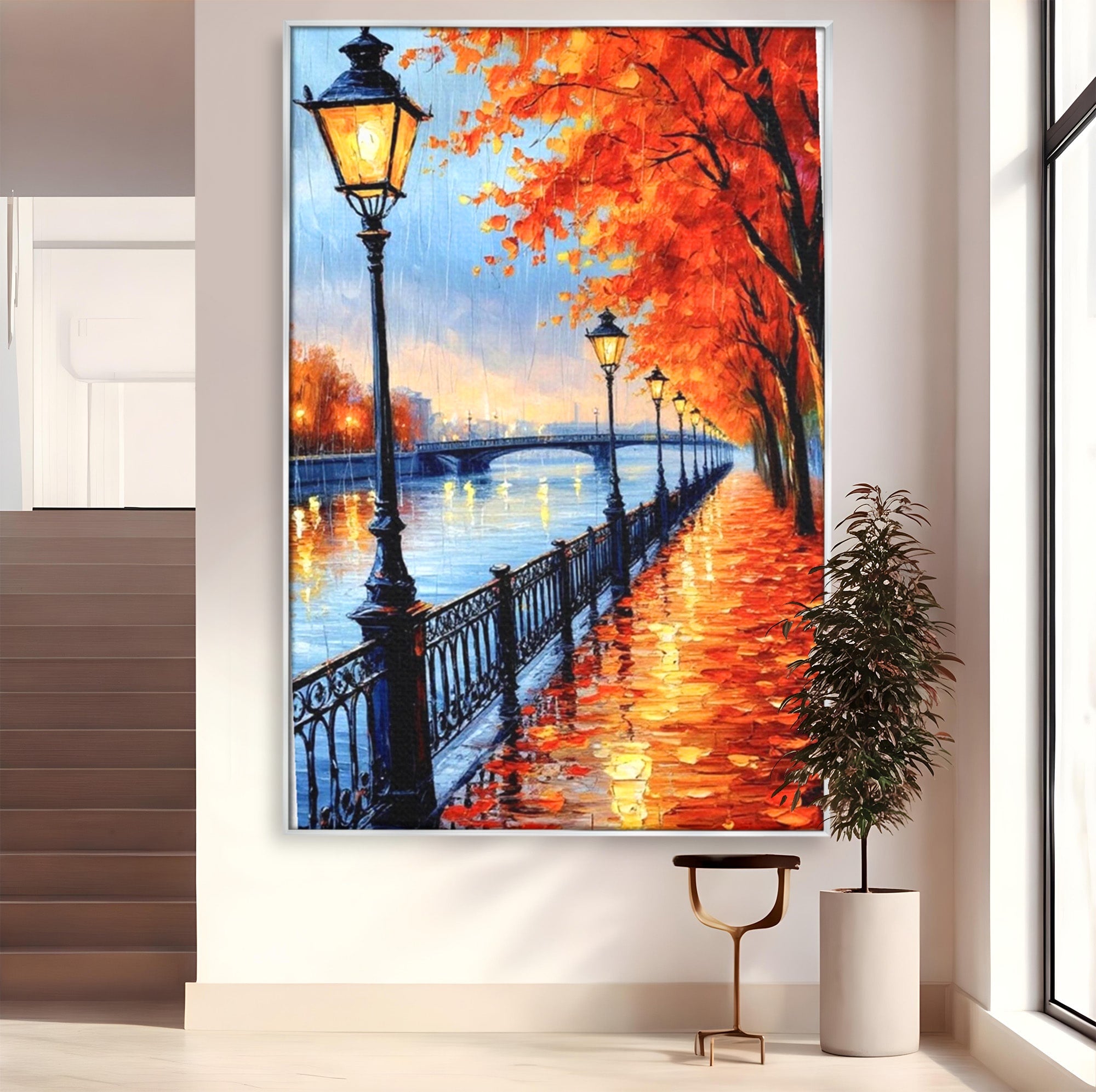 Tablou Canvas Premium LuxCanva® PI1115, Promenada Toamnei, Felinar, Parc, Peisaj, Rau, Living, Culori Vibrante