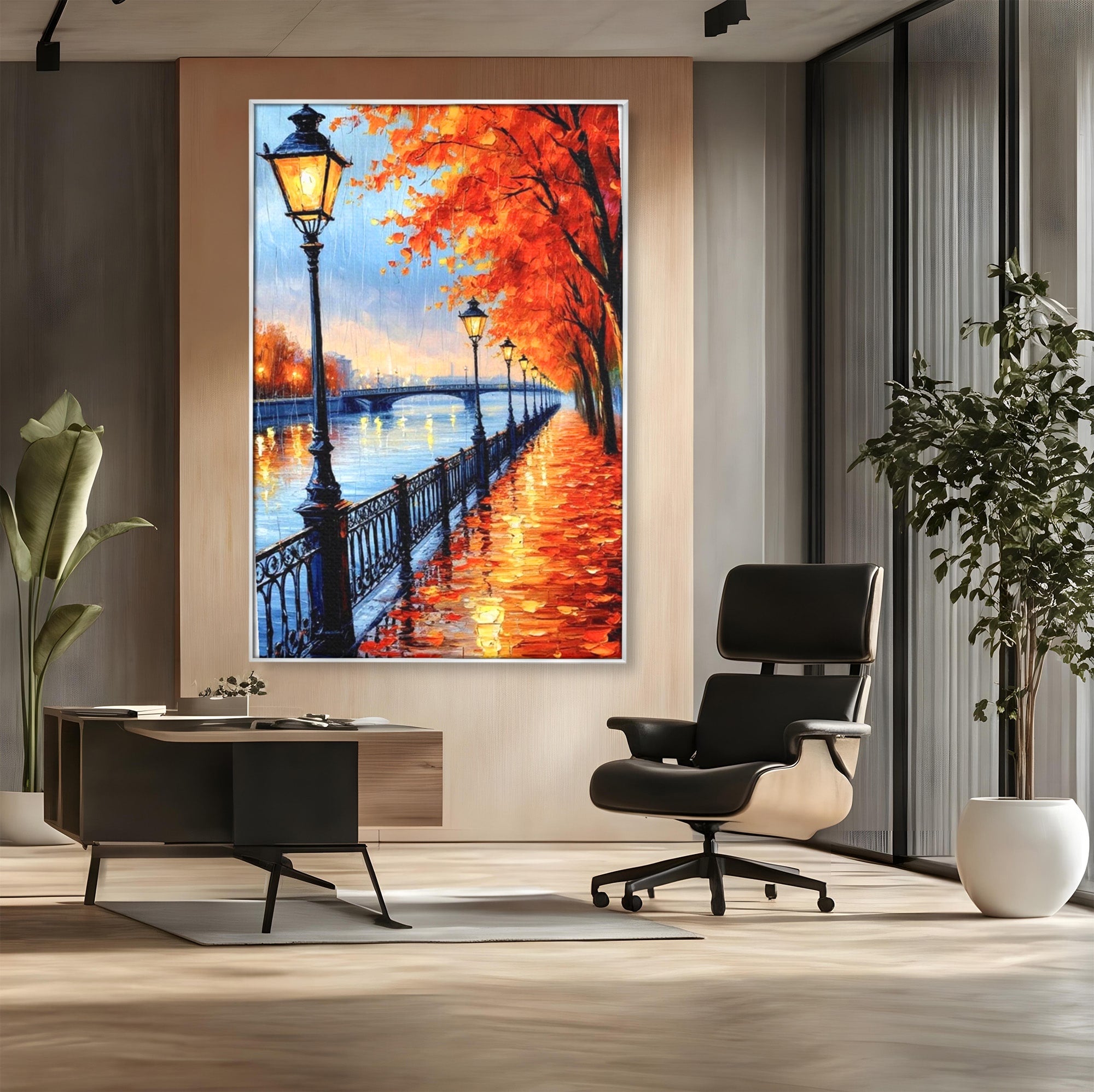 Tablou Canvas Premium LuxCanva® PI1115, Promenada Toamnei, Felinar, Parc, Peisaj, Rau, Living, Culori Vibrante