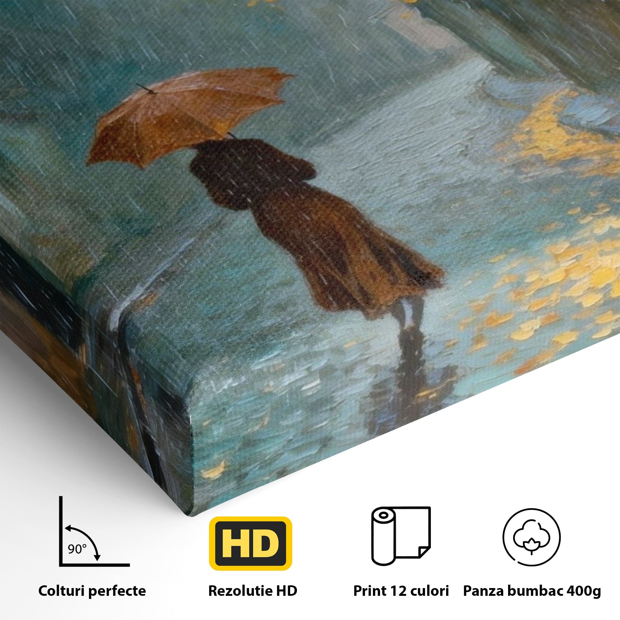 Tablou Canvas Premium LuxCanva® PI1116, Plimbare In Ploaie, Femeie, Umbrela, Toamna, Living, Peisaj, Culori Vibrante