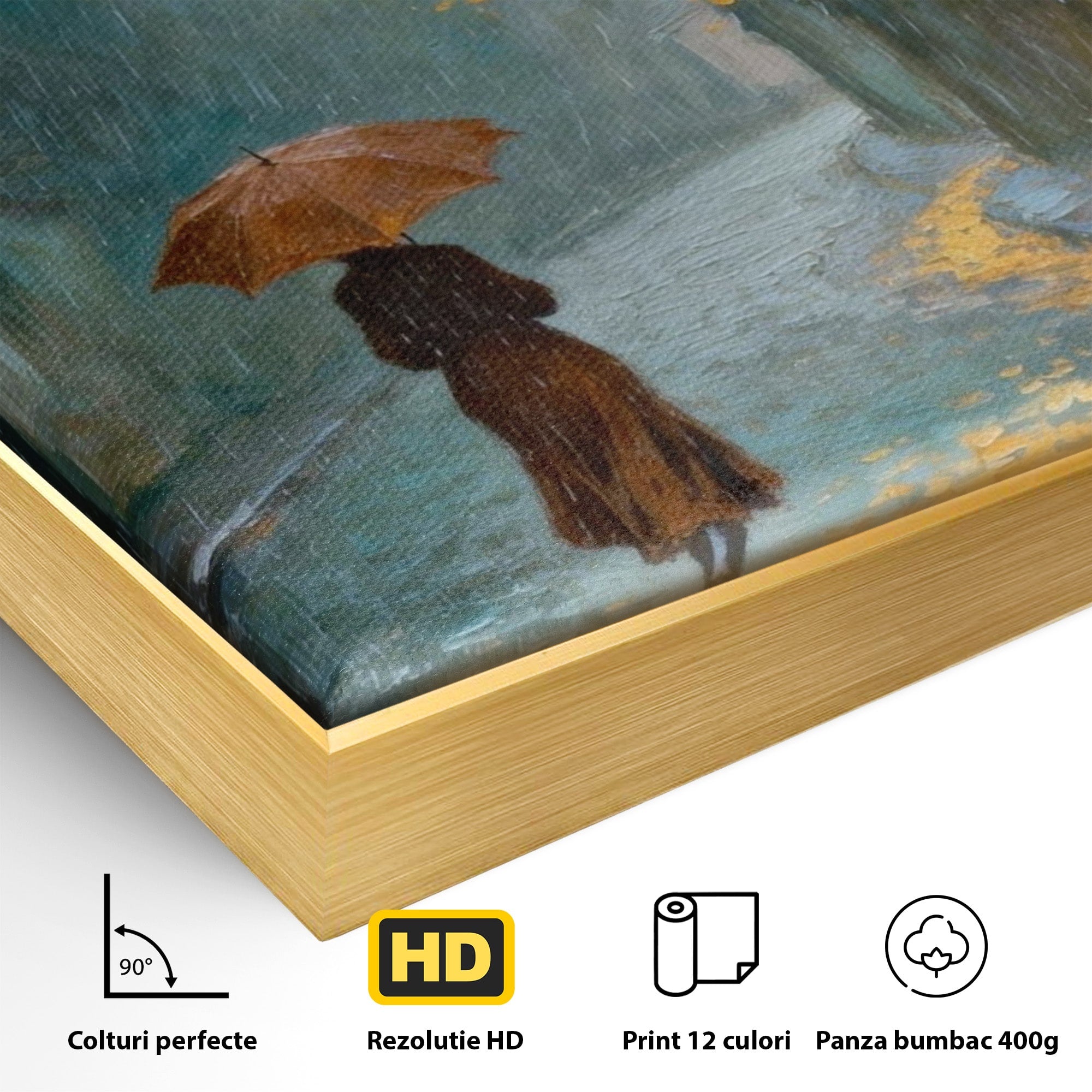 Tablou Canvas Premium LuxCanva® PI1116, Plimbare In Ploaie, Femeie, Umbrela, Toamna, Living, Peisaj, Culori Vibrante
