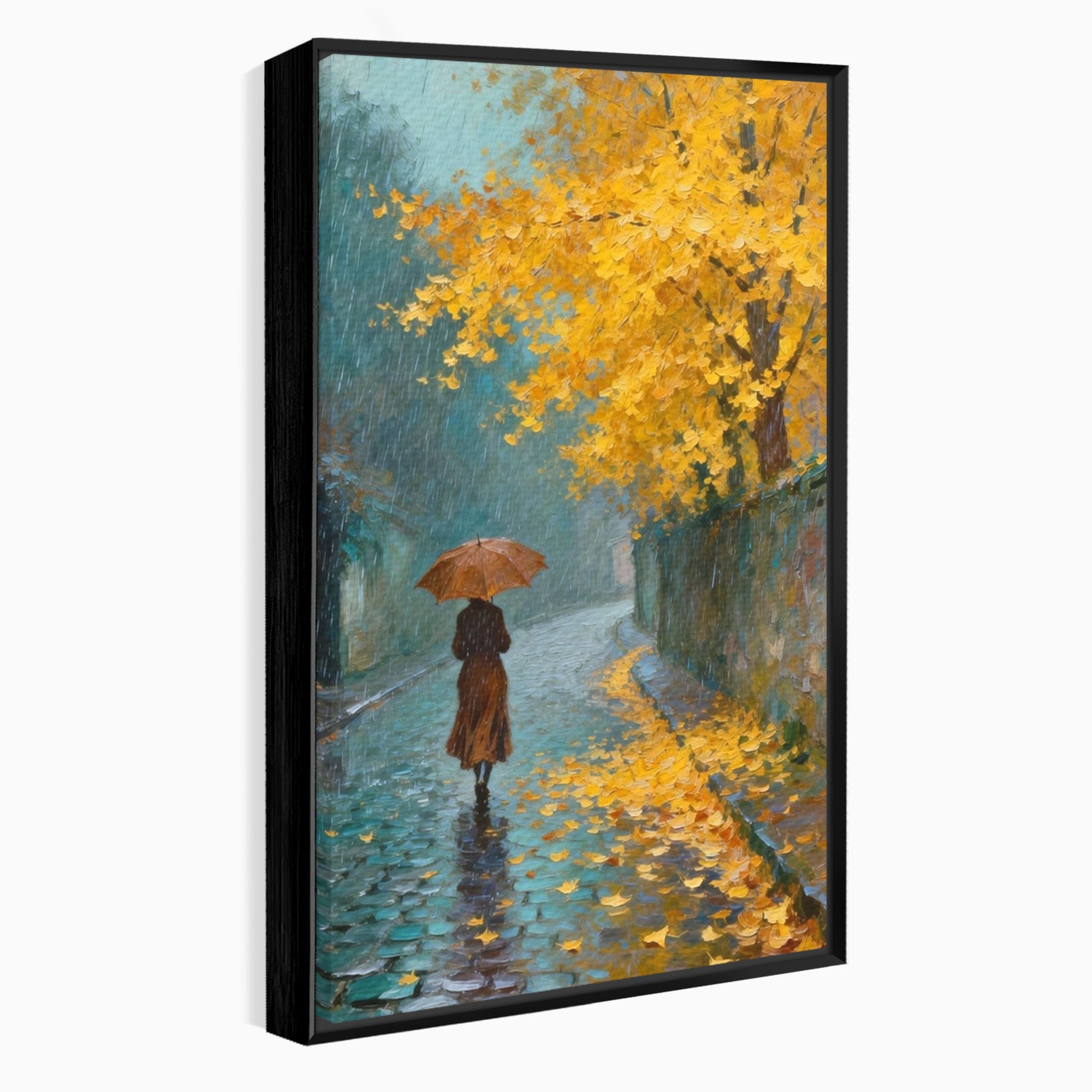 Tablou Canvas Premium LuxCanva® PI1116, Plimbare In Ploaie, Femeie, Umbrela, Toamna, Living, Peisaj, Culori Vibrante
