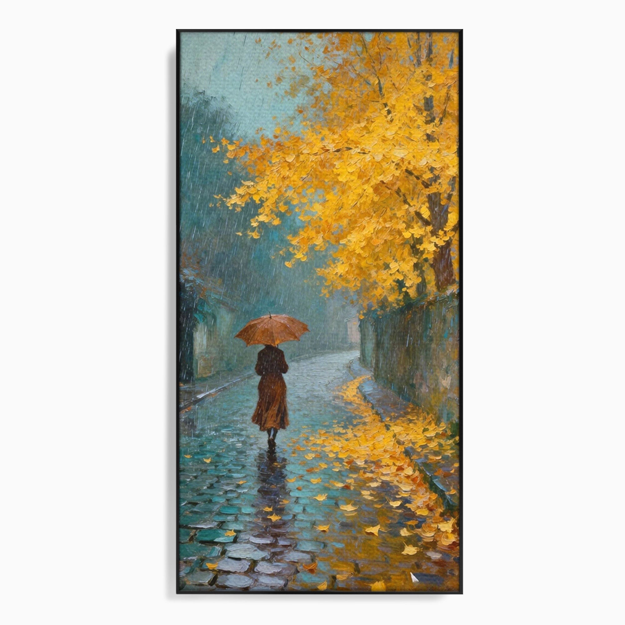 Tablou Canvas Premium LuxCanva® PI1116, Plimbare In Ploaie, Femeie, Umbrela, Toamna, Living, Peisaj, Culori Vibrante