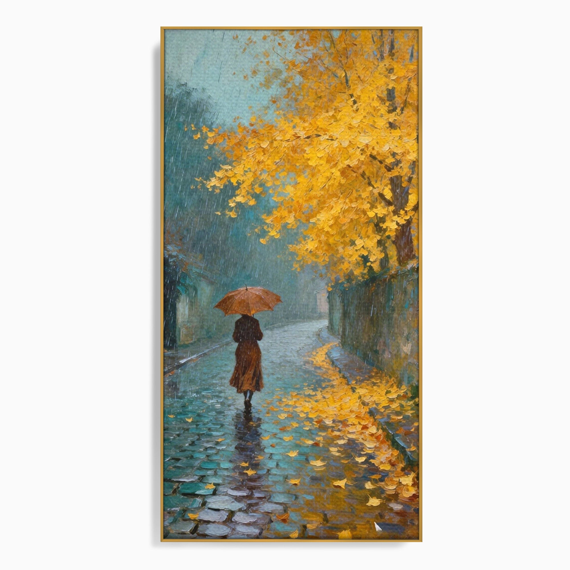 Tablou Canvas Premium LuxCanva® PI1116, Plimbare In Ploaie, Femeie, Umbrela, Toamna, Living, Peisaj, Culori Vibrante