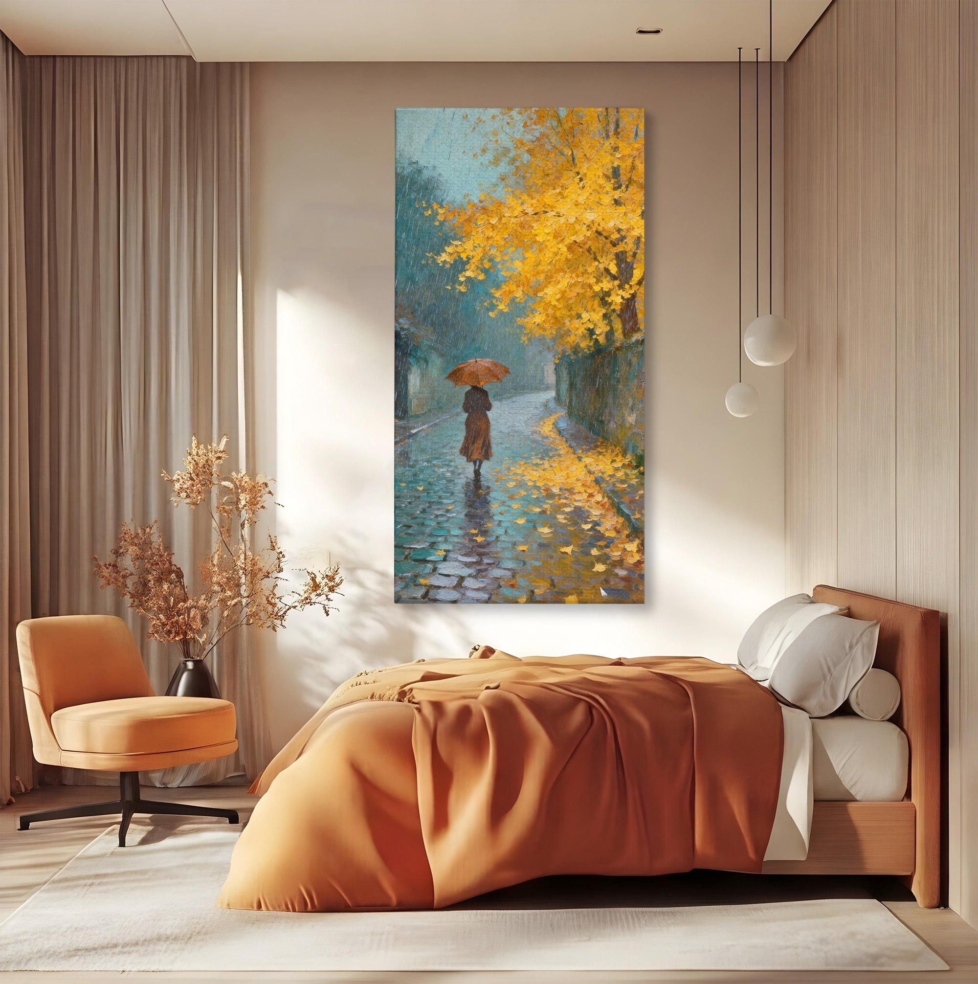 Tablou Canvas Premium LuxCanva® PI1116, Plimbare In Ploaie, Femeie, Umbrela, Toamna, Living, Peisaj, Culori Vibrante