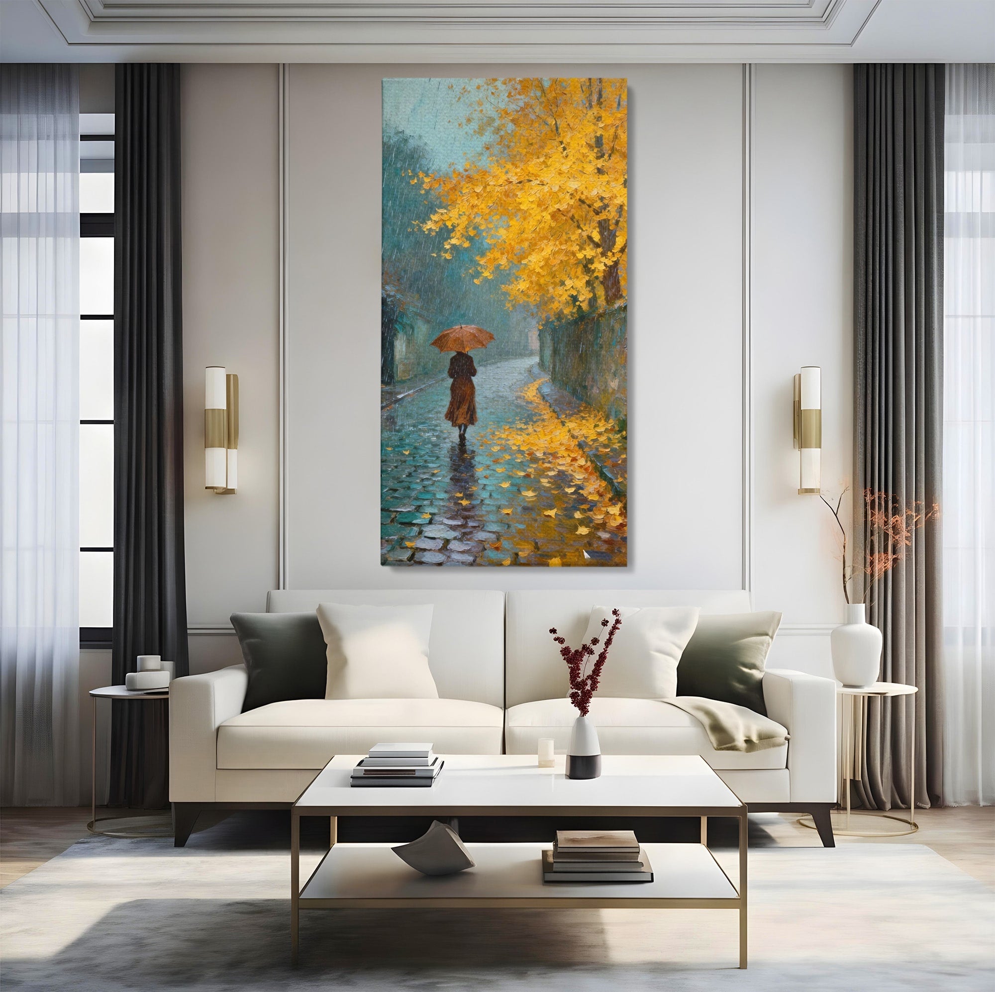 Tablou Canvas Premium LuxCanva® PI1116, Plimbare In Ploaie, Femeie, Umbrela, Toamna, Living, Peisaj, Culori Vibrante