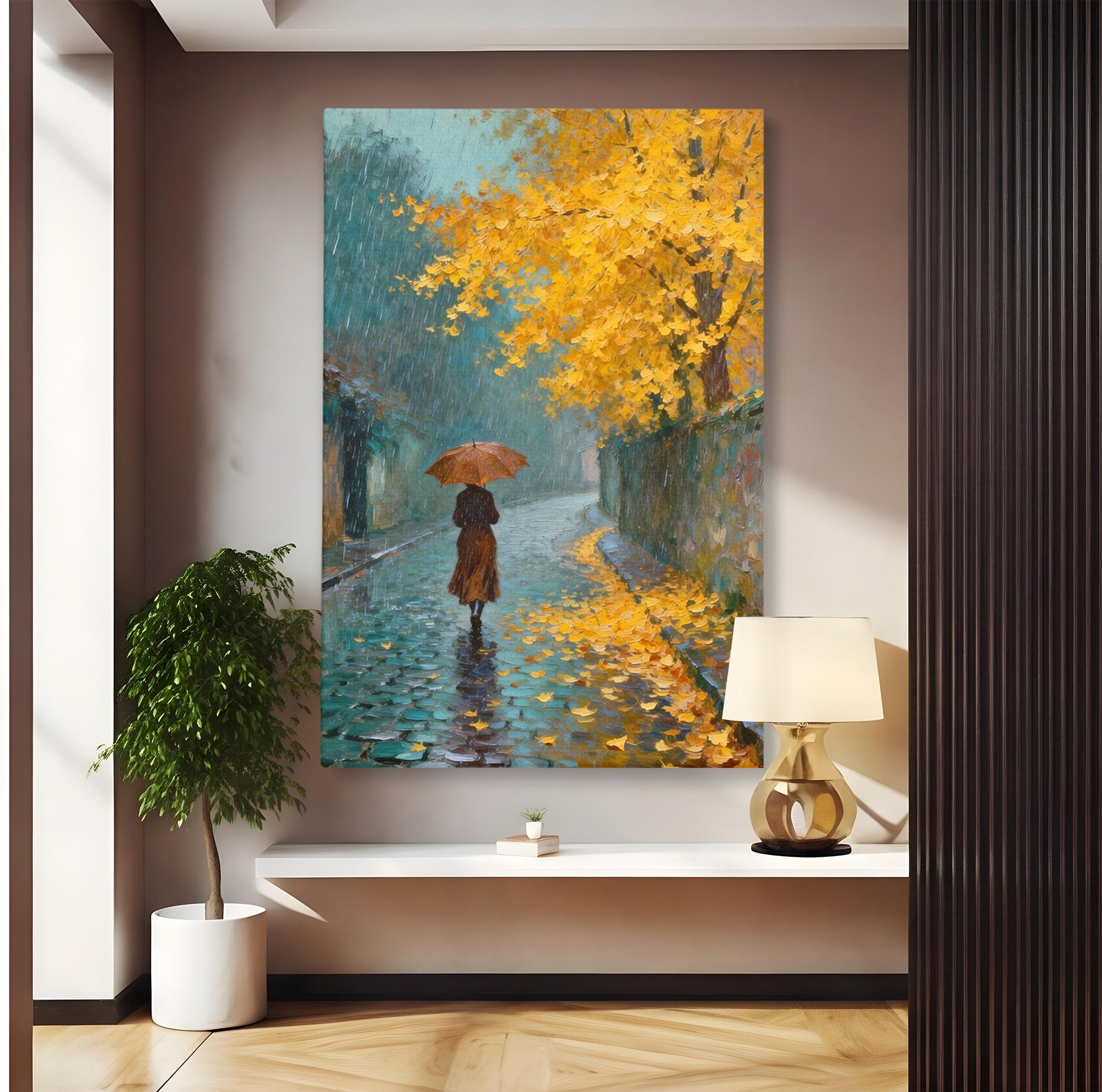 Tablou Canvas Premium LuxCanva® PI1116, Plimbare In Ploaie, Femeie, Umbrela, Toamna, Living, Peisaj, Culori Vibrante