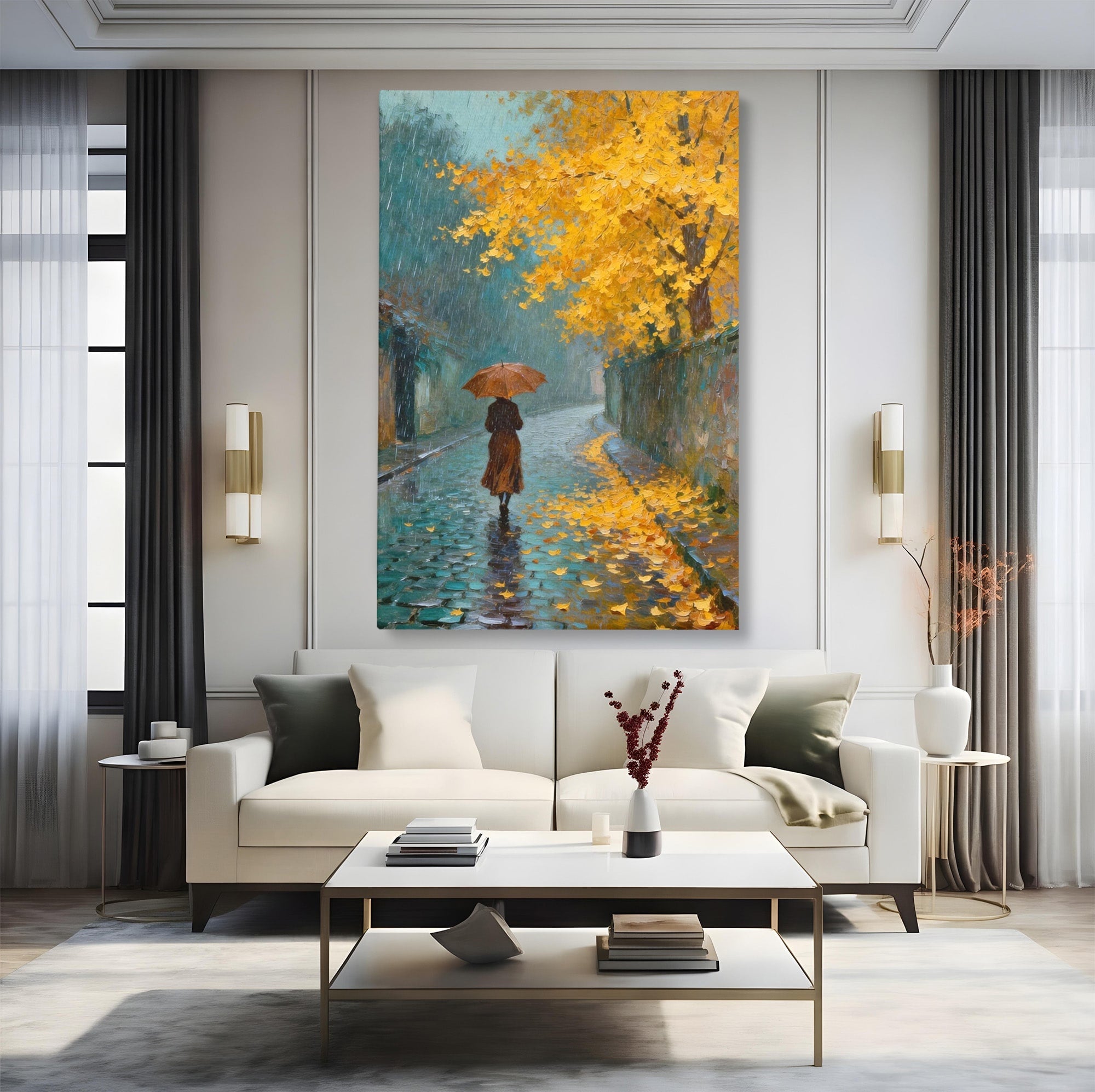 Tablou Canvas Premium LuxCanva® PI1116, Plimbare In Ploaie, Femeie, Umbrela, Toamna, Living, Peisaj, Culori Vibrante