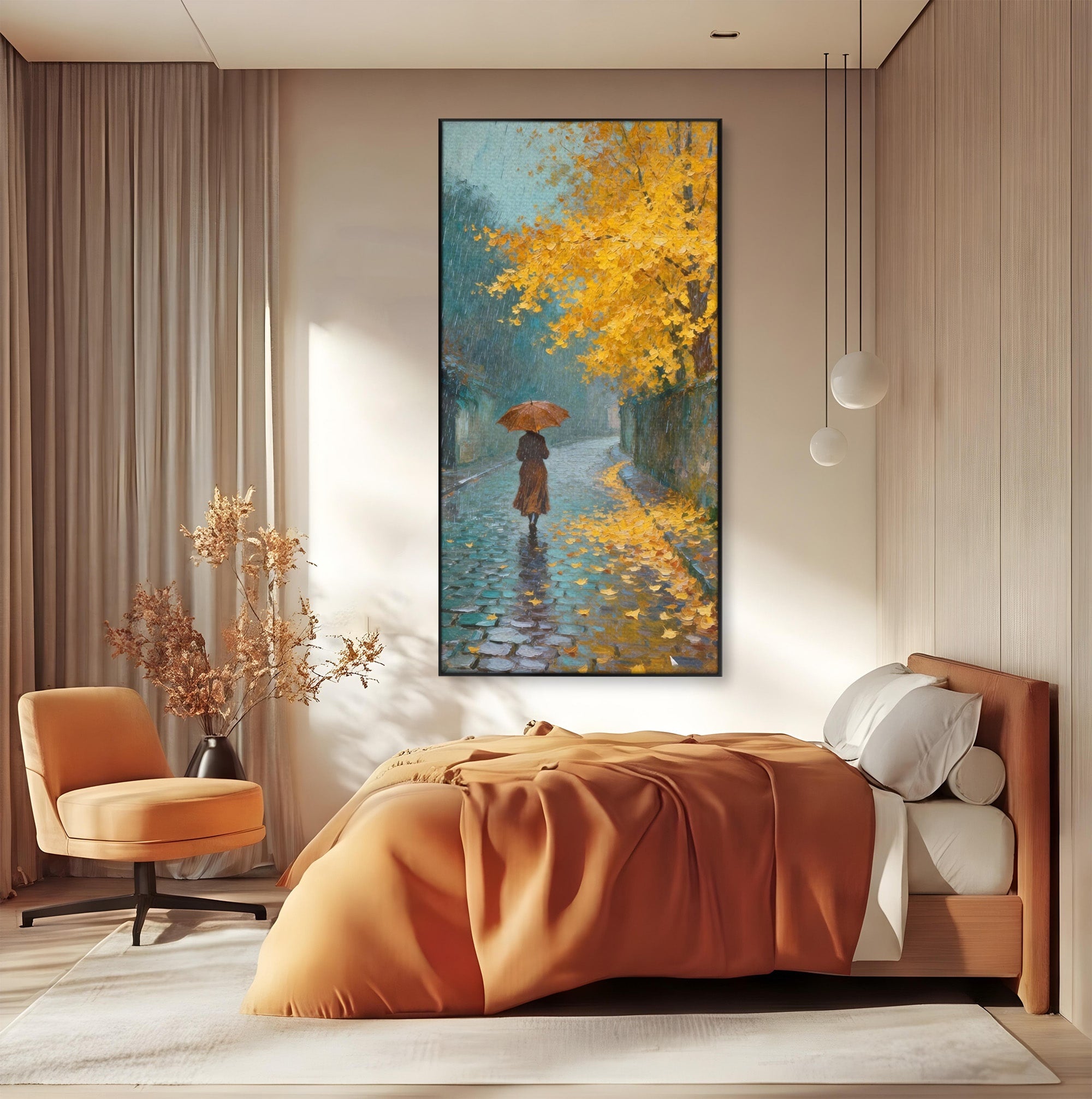 Tablou Canvas Premium LuxCanva® PI1116, Plimbare In Ploaie, Femeie, Umbrela, Toamna, Living, Peisaj, Culori Vibrante