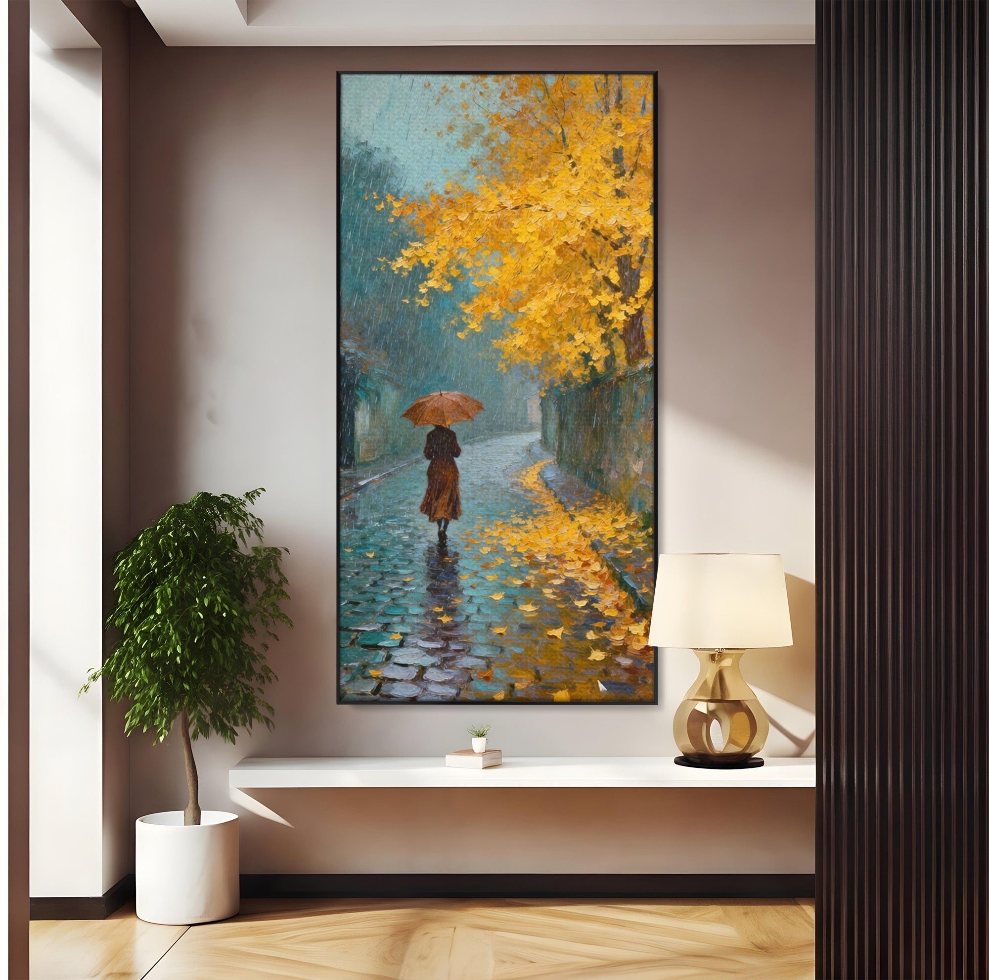 Tablou Canvas Premium LuxCanva® PI1116, Plimbare In Ploaie, Femeie, Umbrela, Toamna, Living, Peisaj, Culori Vibrante