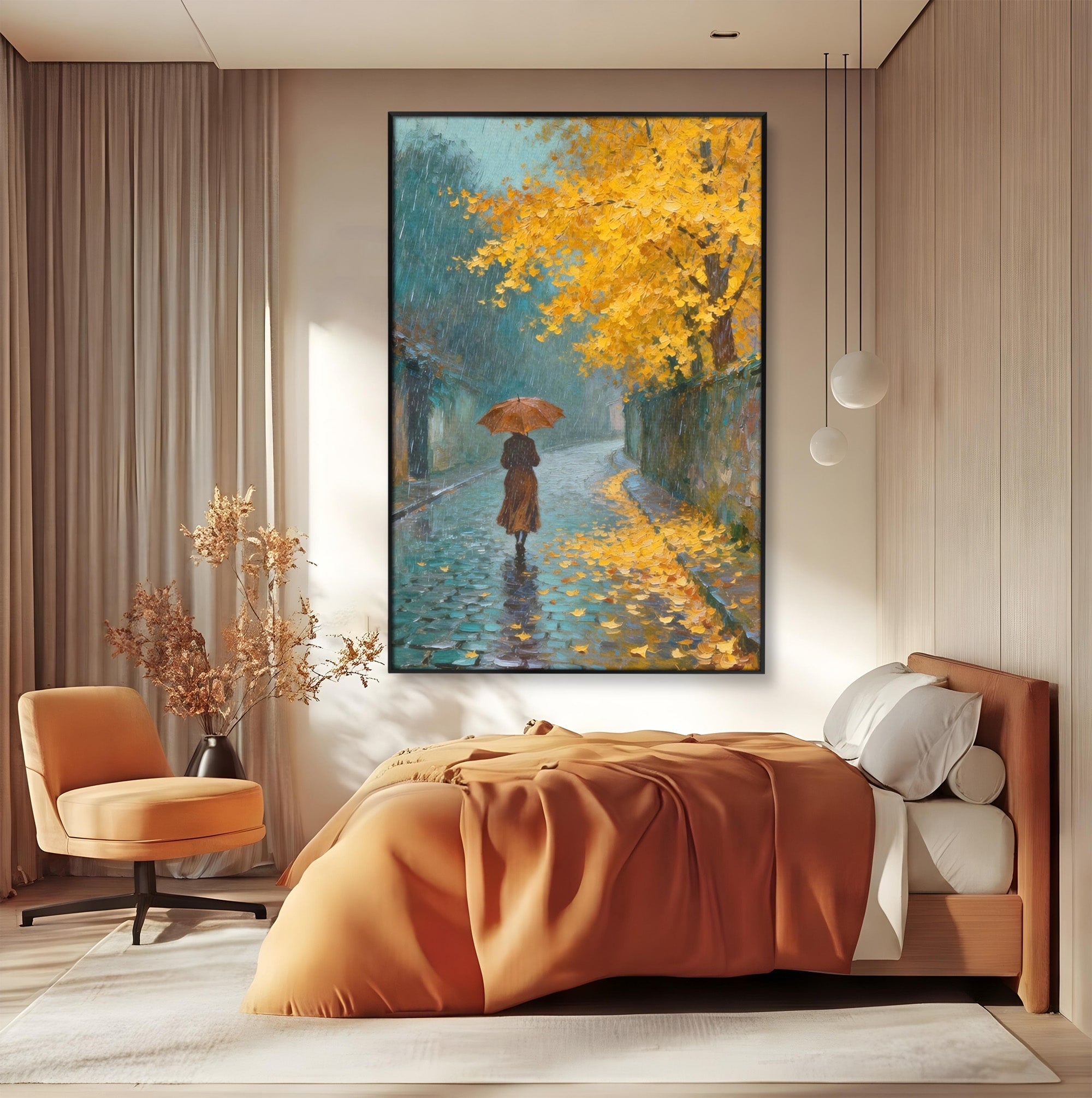Tablou Canvas Premium LuxCanva® PI1116, Plimbare In Ploaie, Femeie, Umbrela, Toamna, Living, Peisaj, Culori Vibrante