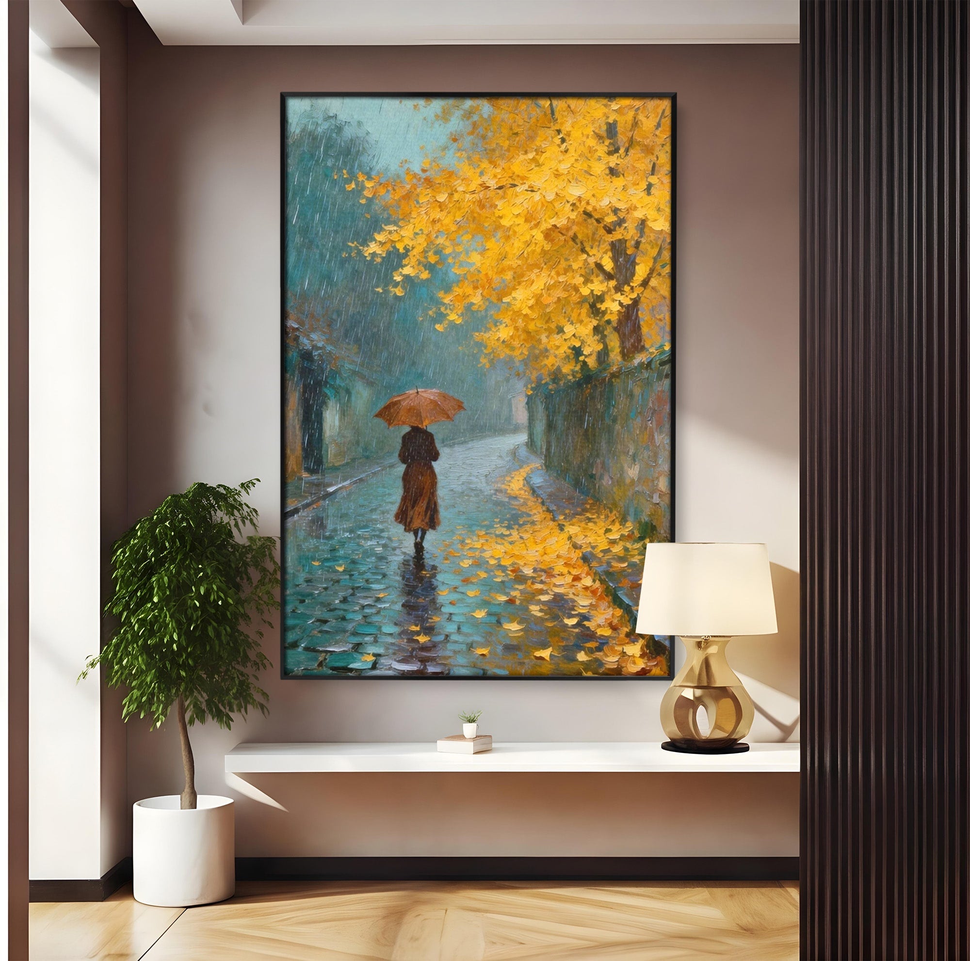 Tablou Canvas Premium LuxCanva® PI1116, Plimbare In Ploaie, Femeie, Umbrela, Toamna, Living, Peisaj, Culori Vibrante