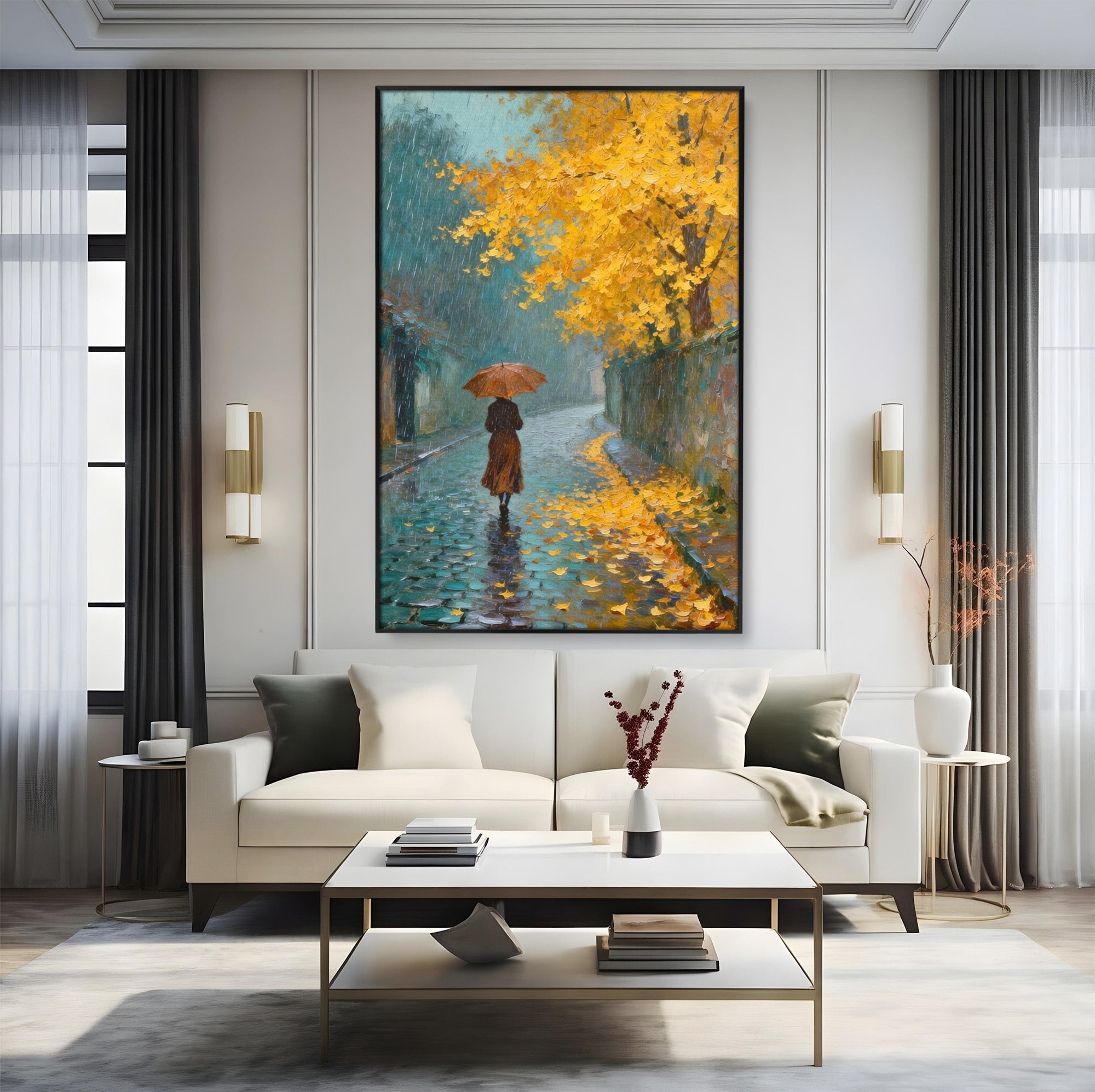 Tablou Canvas Premium LuxCanva® PI1116, Plimbare In Ploaie, Femeie, Umbrela, Toamna, Living, Peisaj, Culori Vibrante