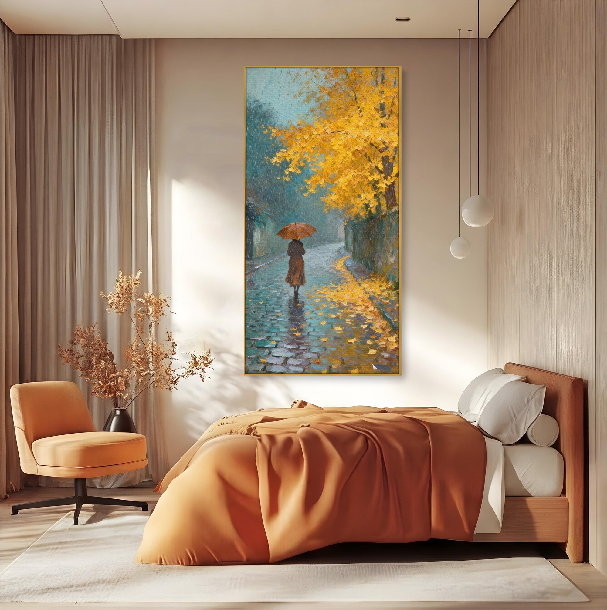 Tablou Canvas Premium LuxCanva® PI1116, Plimbare In Ploaie, Femeie, Umbrela, Toamna, Living, Peisaj, Culori Vibrante
