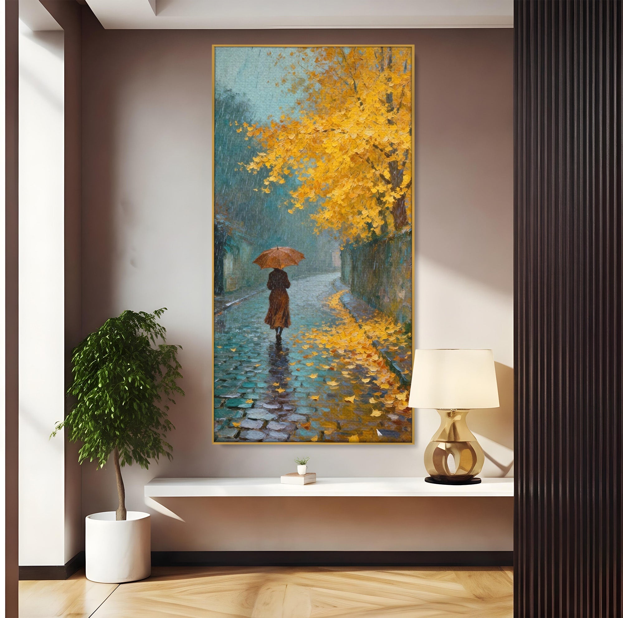 Tablou Canvas Premium LuxCanva® PI1116, Plimbare In Ploaie, Femeie, Umbrela, Toamna, Living, Peisaj, Culori Vibrante