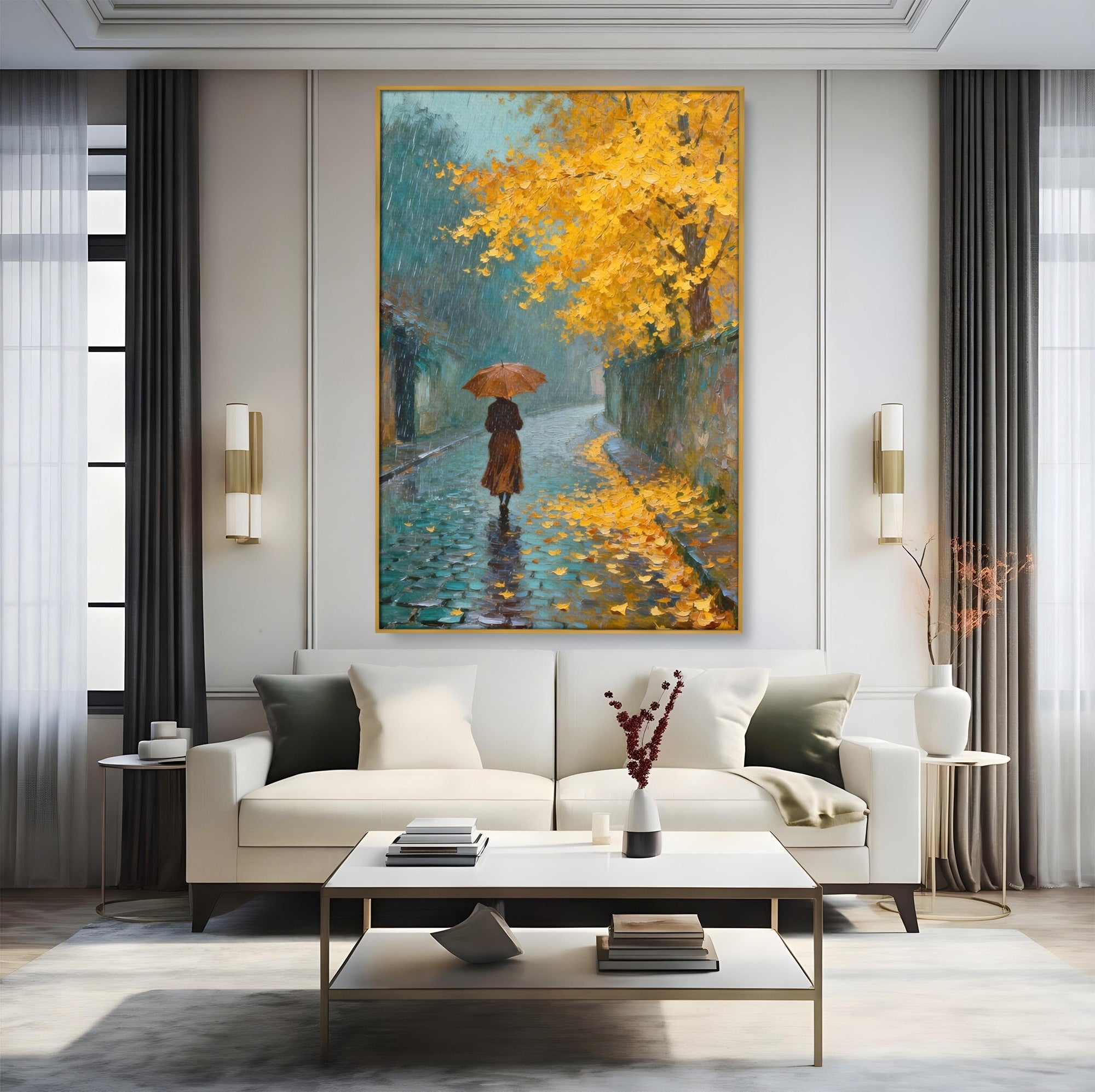 Tablou Canvas Premium LuxCanva® PI1116, Plimbare In Ploaie, Femeie, Umbrela, Toamna, Living, Peisaj, Culori Vibrante