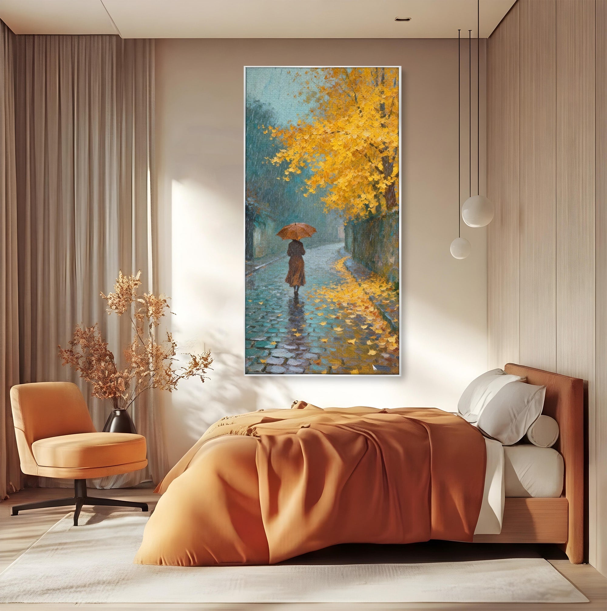 Tablou Canvas Premium LuxCanva® PI1116, Plimbare In Ploaie, Femeie, Umbrela, Toamna, Living, Peisaj, Culori Vibrante
