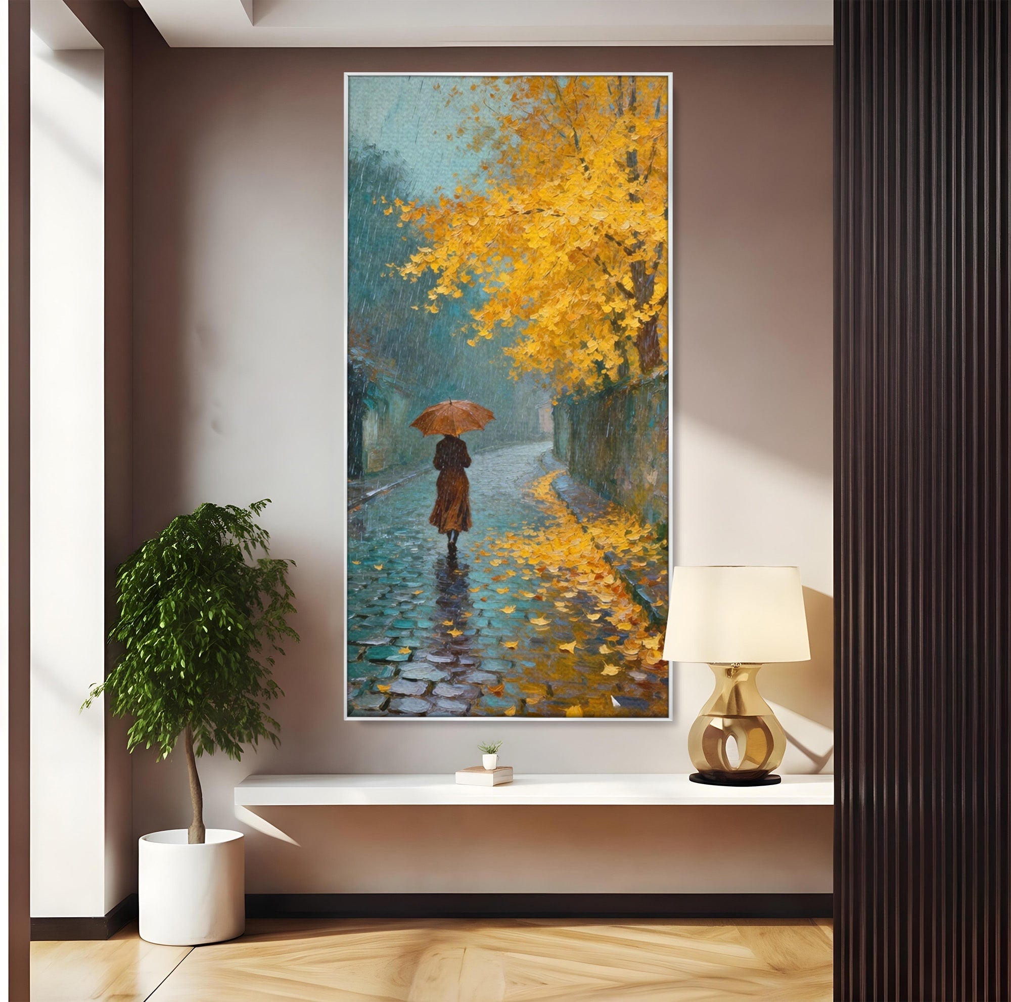 Tablou Canvas Premium LuxCanva® PI1116, Plimbare In Ploaie, Femeie, Umbrela, Toamna, Living, Peisaj, Culori Vibrante