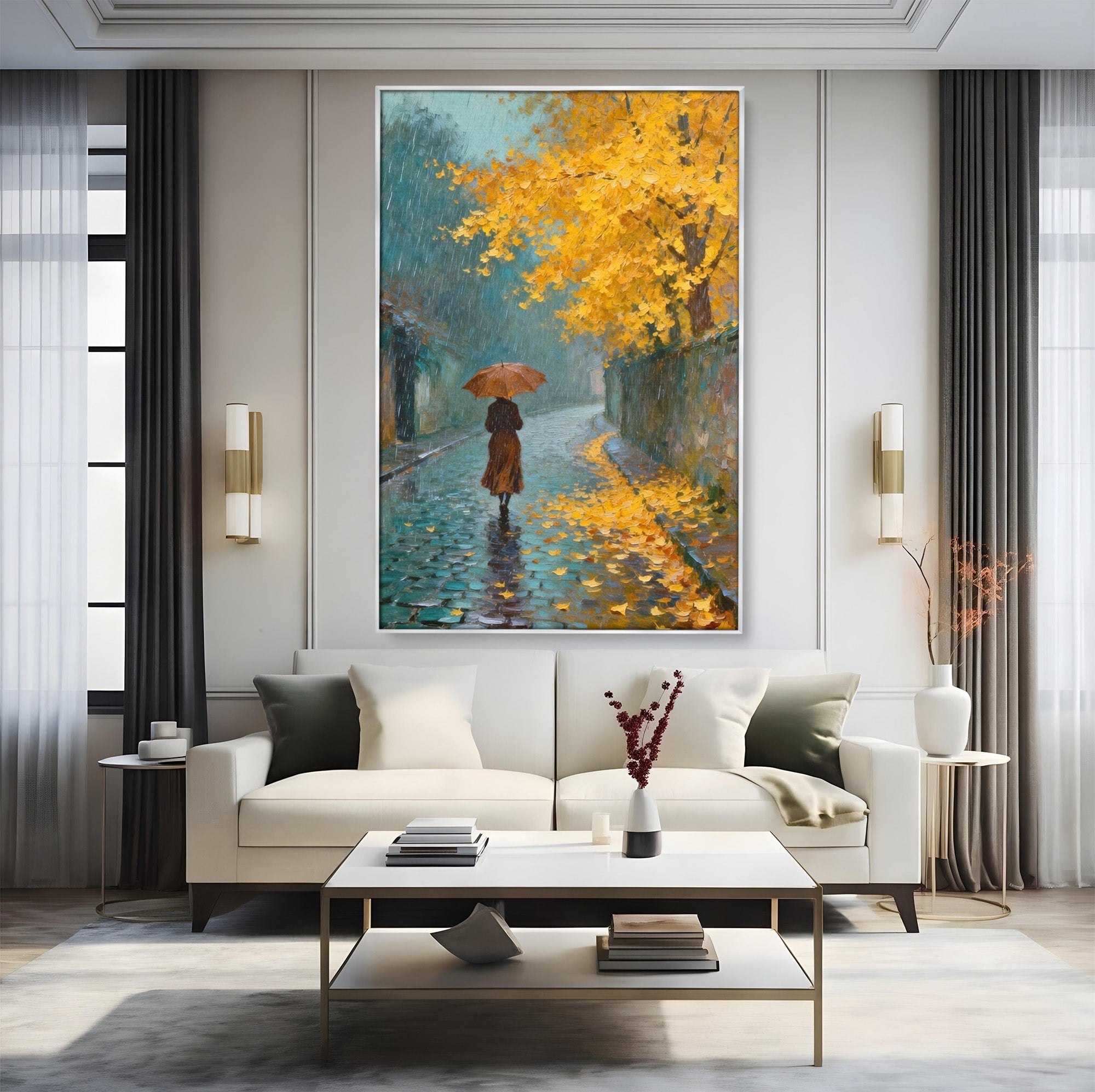 Tablou Canvas Premium LuxCanva® PI1116, Plimbare In Ploaie, Femeie, Umbrela, Toamna, Living, Peisaj, Culori Vibrante