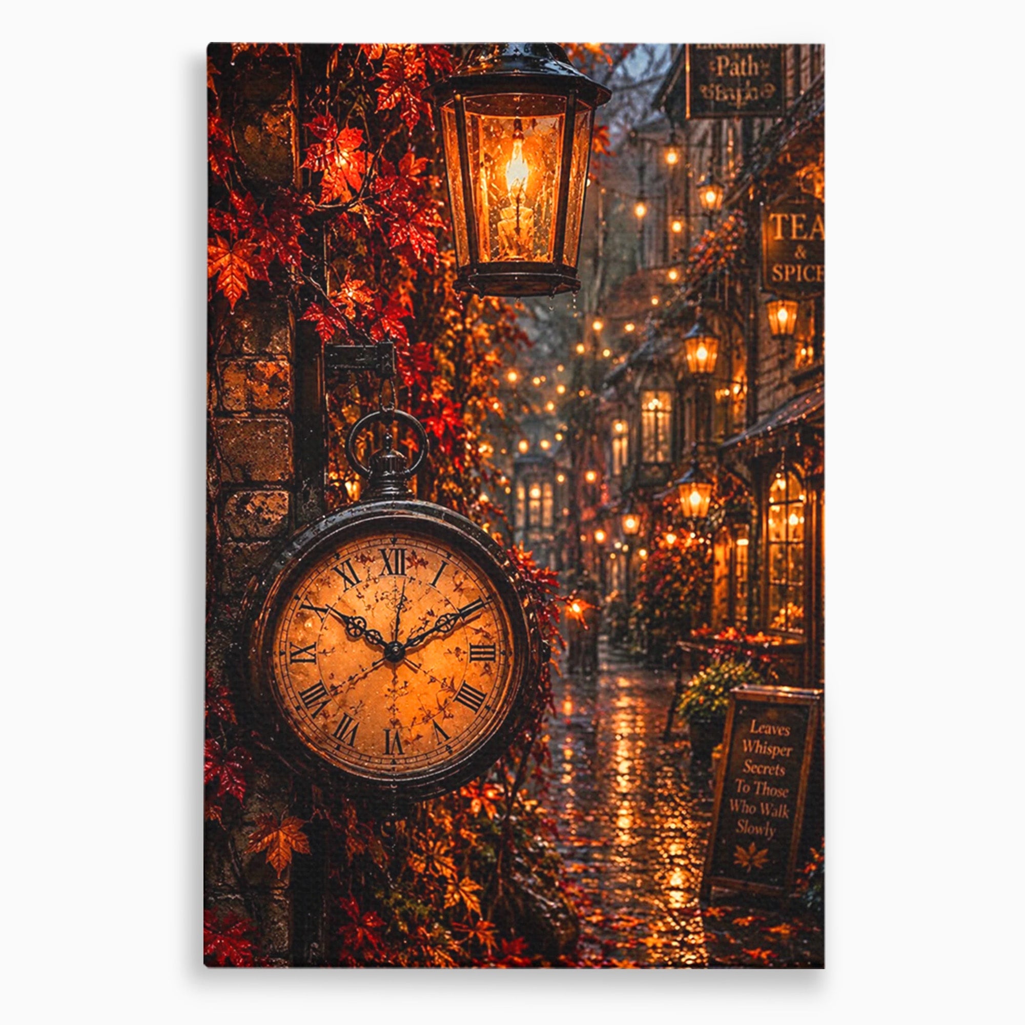 Tablou Canvas Premium LuxCanva® PI1117, Strada Vintage Cu Ceas, Alee, Felinar, Vintage, Lampi, Living, Culori Vibrante