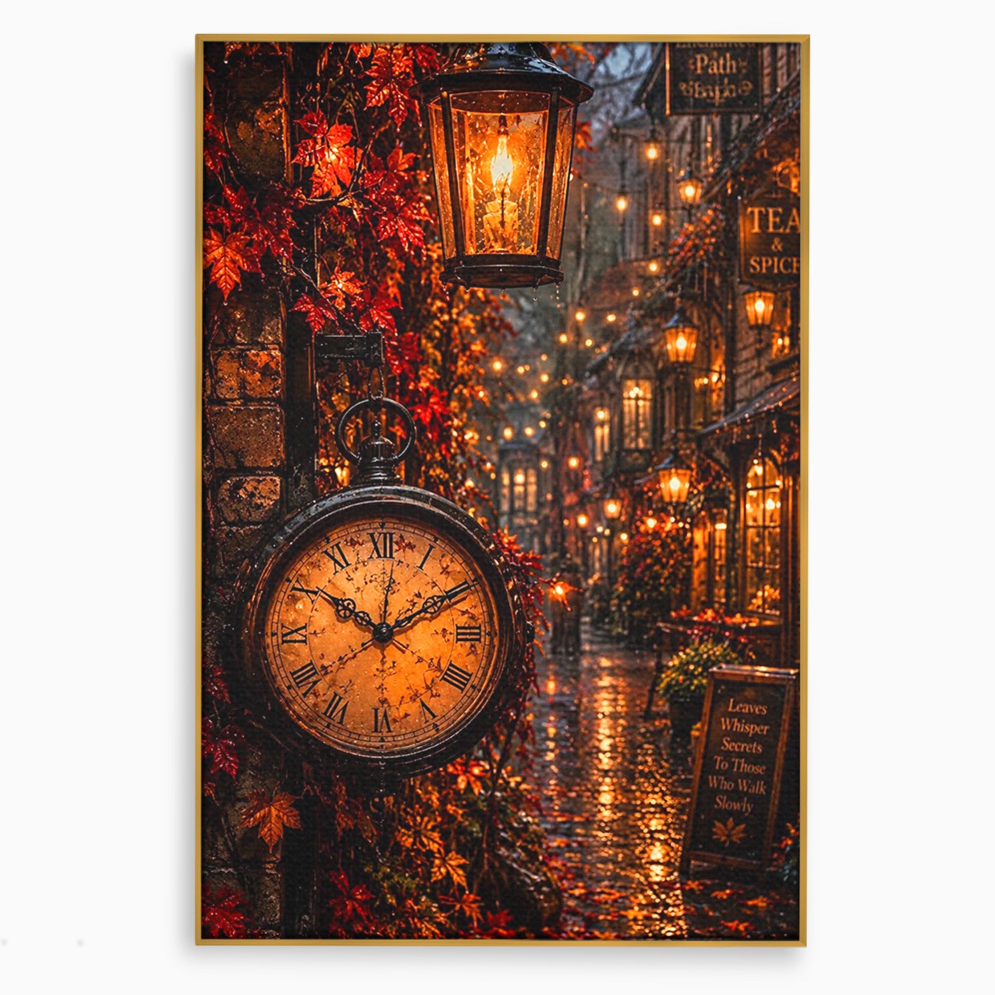 Tablou Canvas Premium LuxCanva® PI1117, Strada Vintage Cu Ceas, Alee, Felinar, Vintage, Lampi, Living, Culori Vibrante
