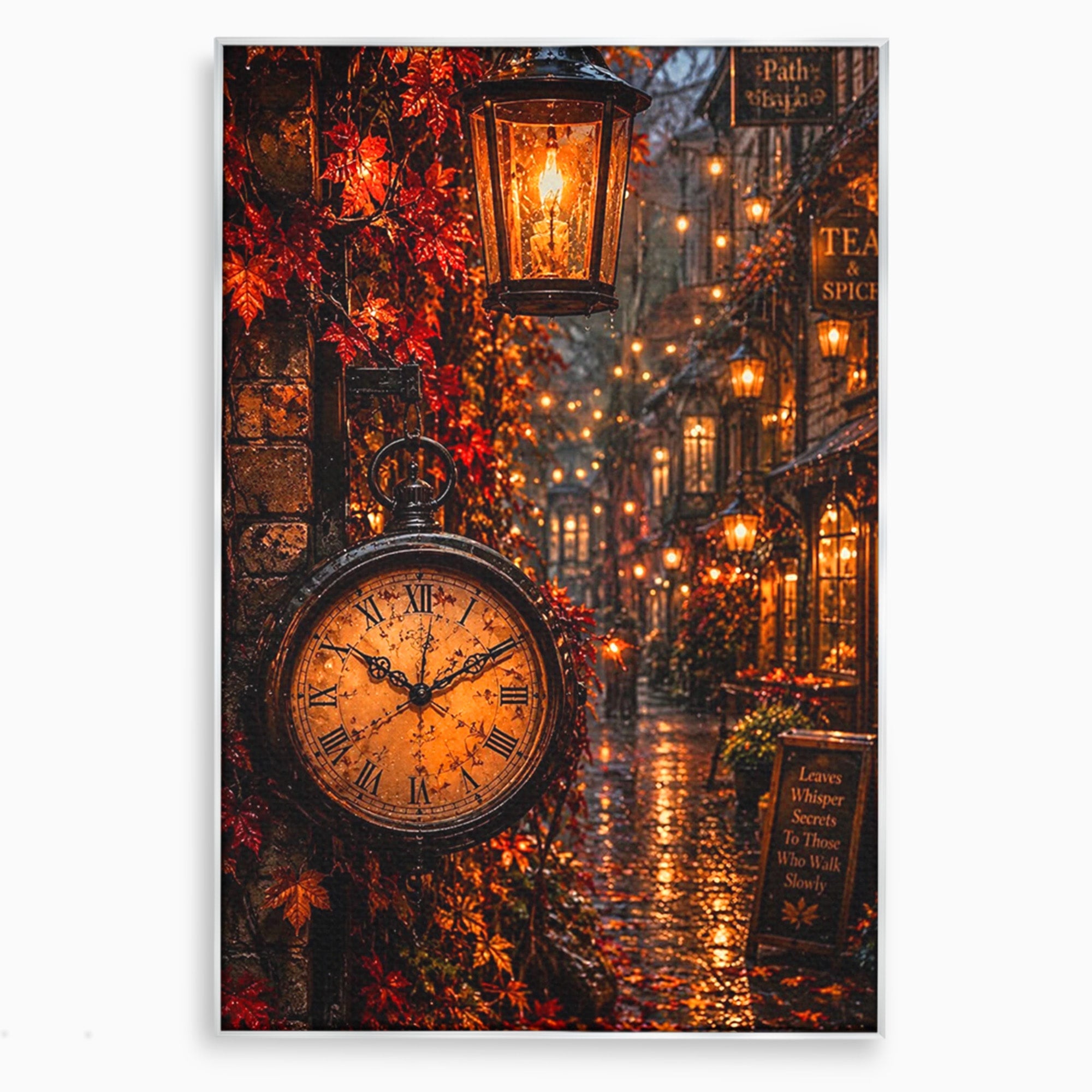 Tablou Canvas Premium LuxCanva® PI1117, Strada Vintage Cu Ceas, Alee, Felinar, Vintage, Lampi, Living, Culori Vibrante