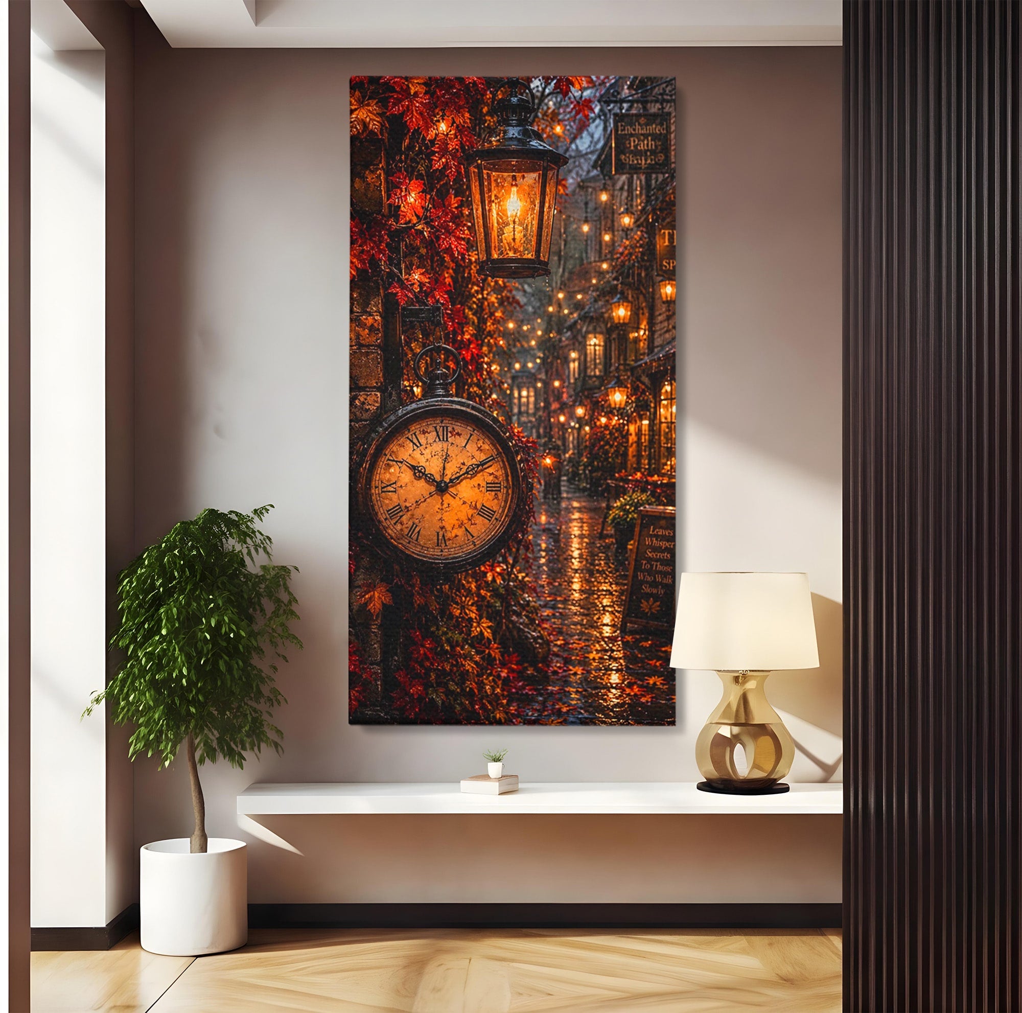 Tablou Canvas Premium LuxCanva® PI1117, Strada Vintage Cu Ceas, Alee, Felinar, Vintage, Lampi, Living, Culori Vibrante