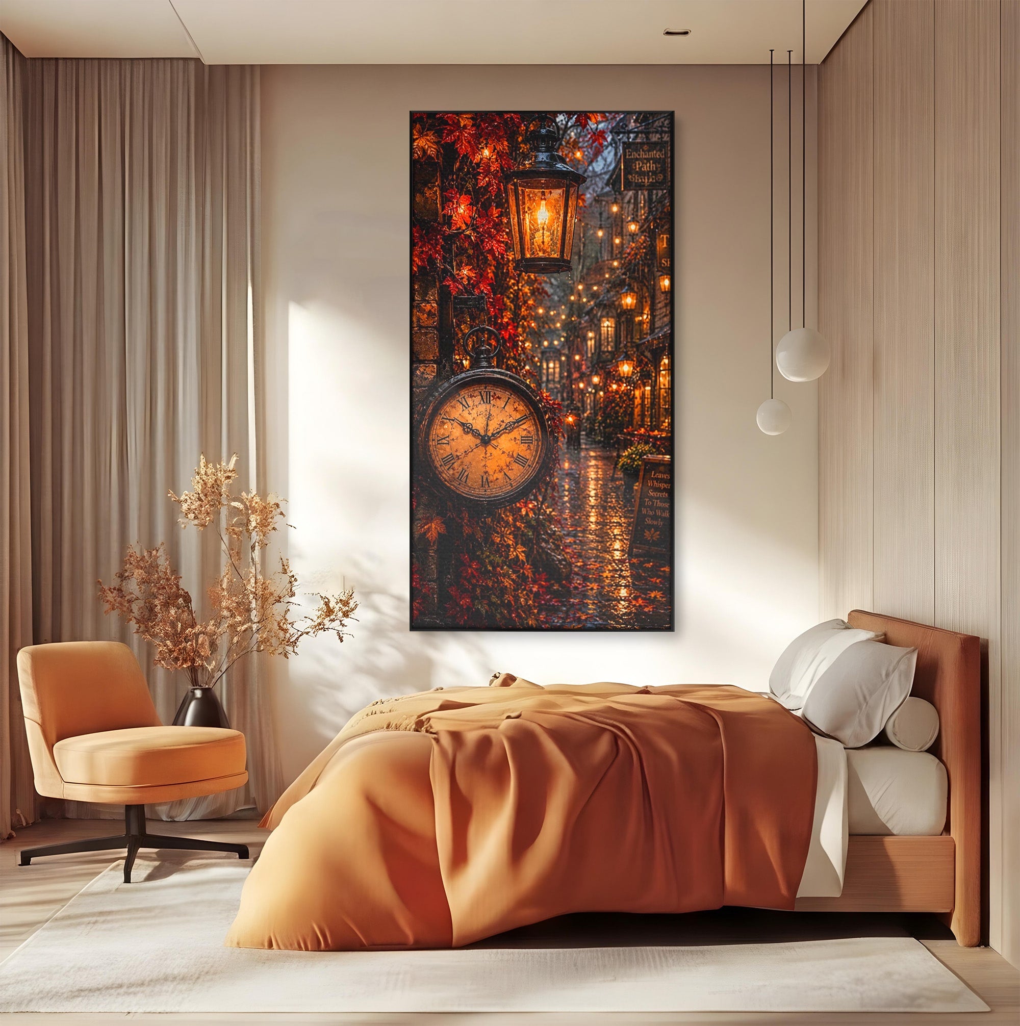 Tablou Canvas Premium LuxCanva® PI1117, Strada Vintage Cu Ceas, Alee, Felinar, Vintage, Lampi, Living, Culori Vibrante