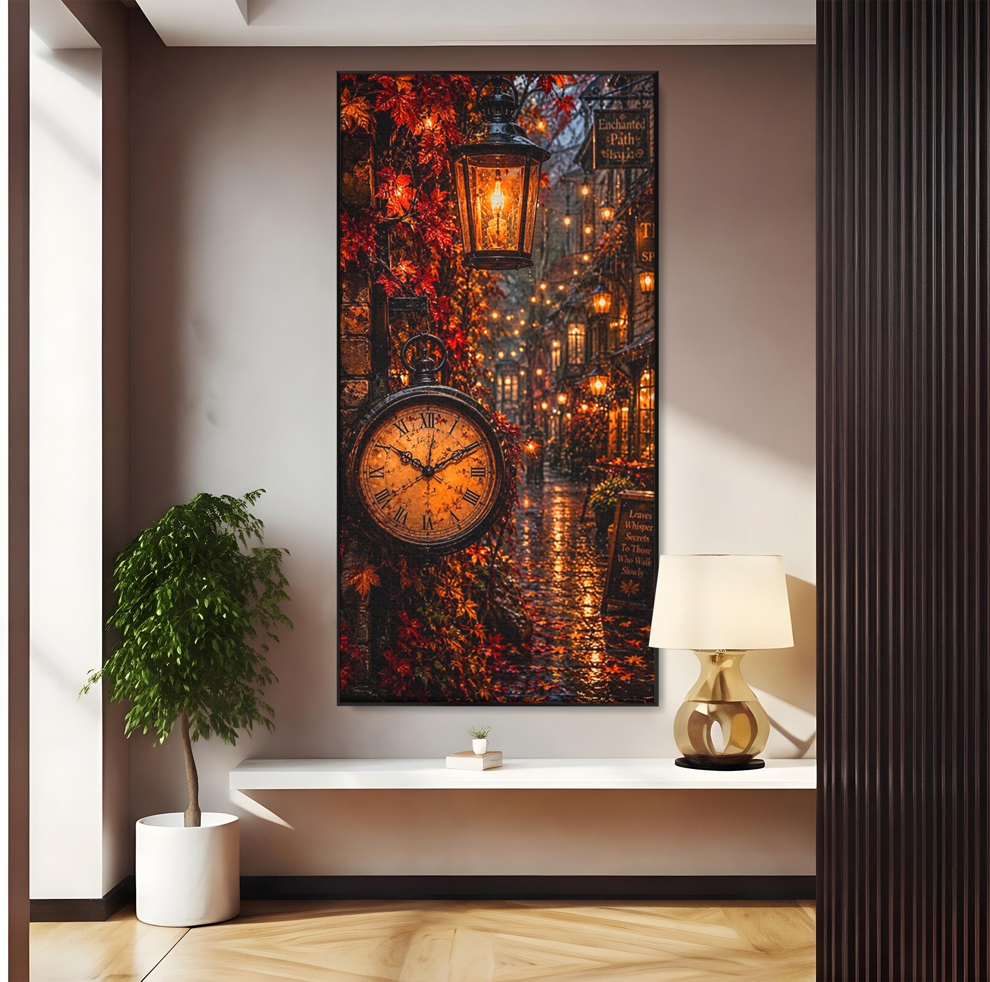 Tablou Canvas Premium LuxCanva® PI1117, Strada Vintage Cu Ceas, Alee, Felinar, Vintage, Lampi, Living, Culori Vibrante