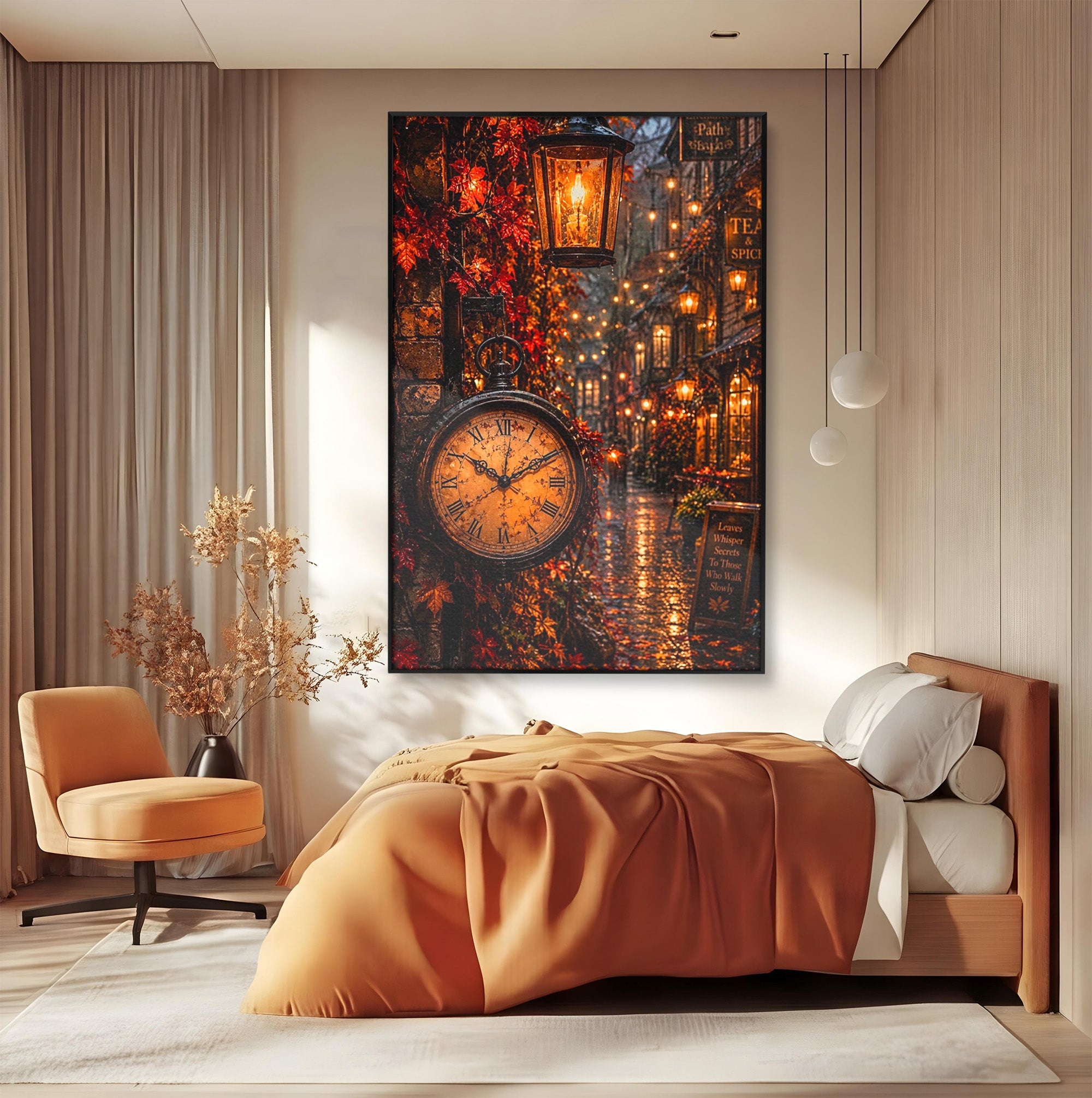 Tablou Canvas Premium LuxCanva® PI1117, Strada Vintage Cu Ceas, Alee, Felinar, Vintage, Lampi, Living, Culori Vibrante