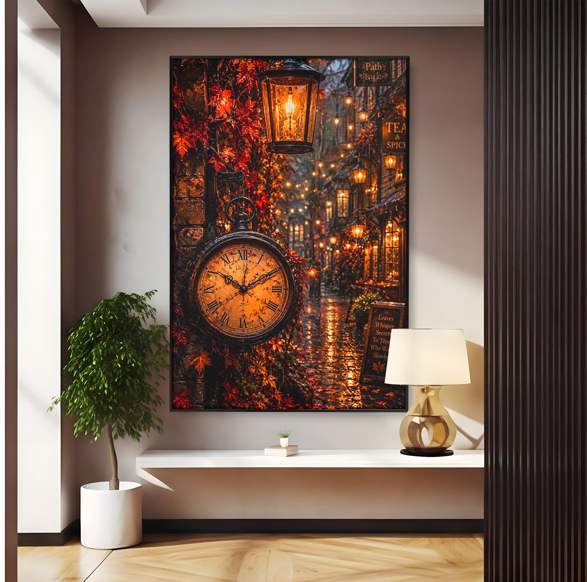 Tablou Canvas Premium LuxCanva® PI1117, Strada Vintage Cu Ceas, Alee, Felinar, Vintage, Lampi, Living, Culori Vibrante