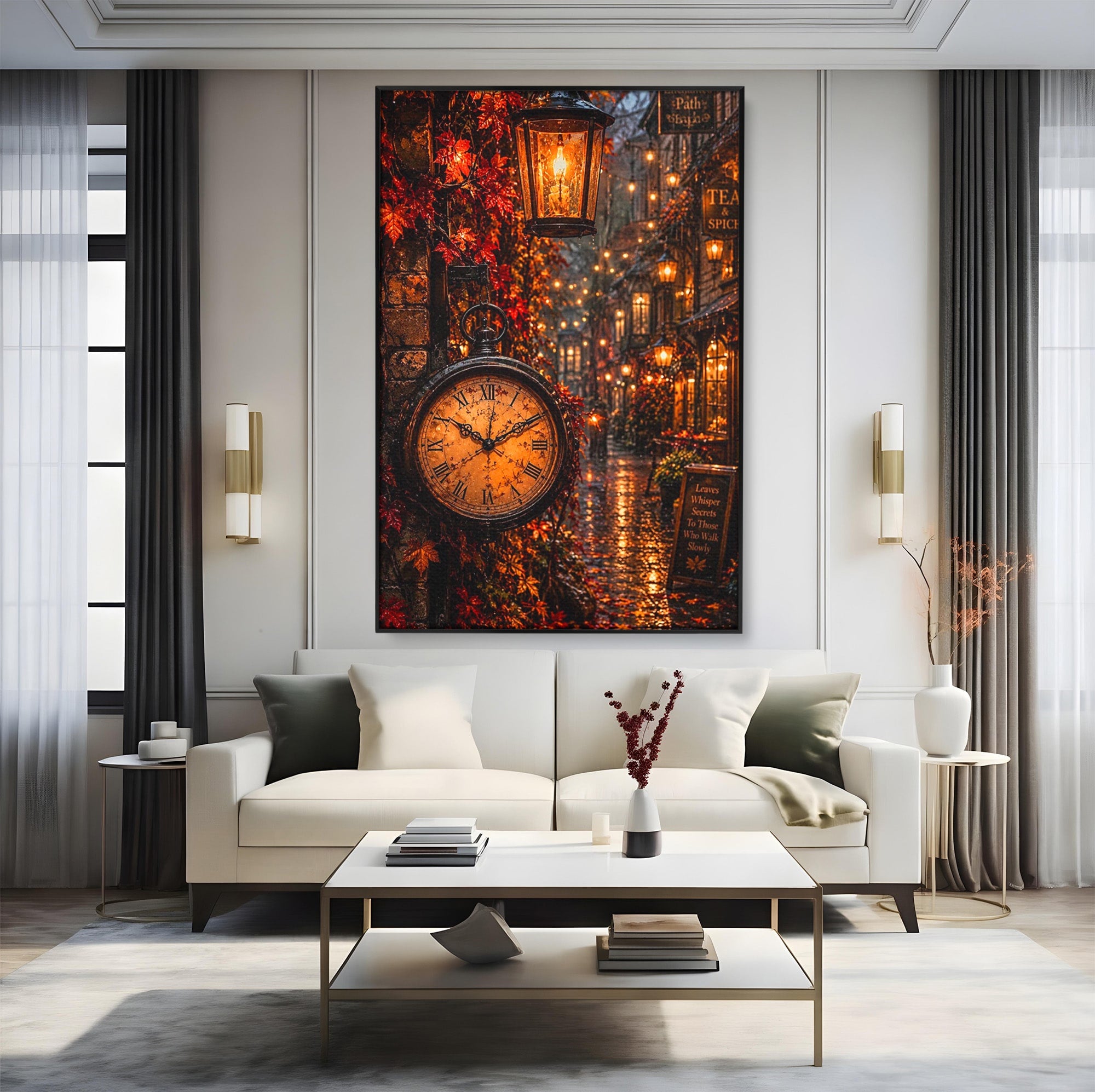 Tablou Canvas Premium LuxCanva® PI1117, Strada Vintage Cu Ceas, Alee, Felinar, Vintage, Lampi, Living, Culori Vibrante