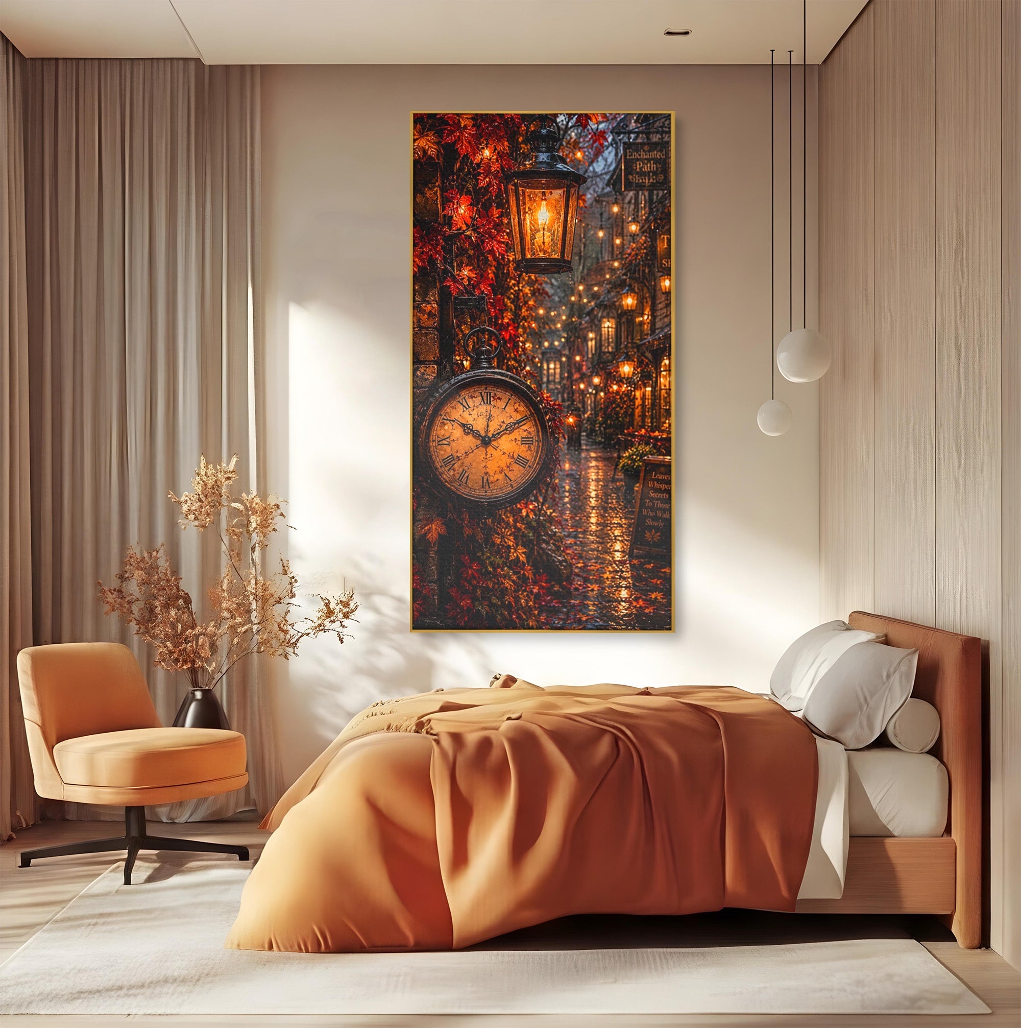 Tablou Canvas Premium LuxCanva® PI1117, Strada Vintage Cu Ceas, Alee, Felinar, Vintage, Lampi, Living, Culori Vibrante