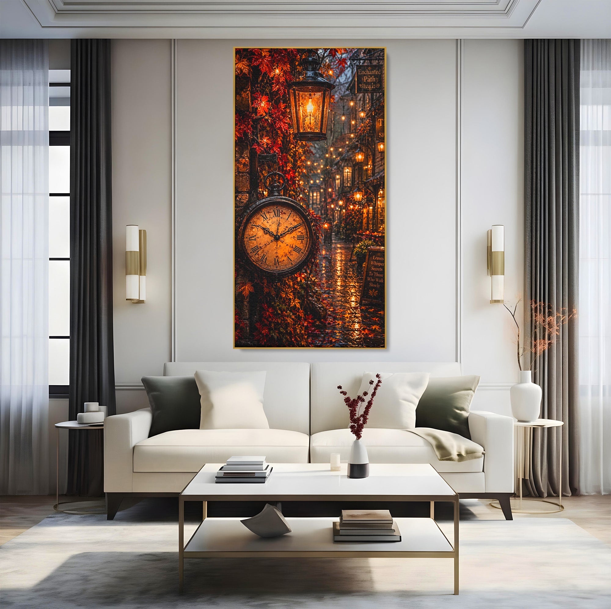 Tablou Canvas Premium LuxCanva® PI1117, Strada Vintage Cu Ceas, Alee, Felinar, Vintage, Lampi, Living, Culori Vibrante