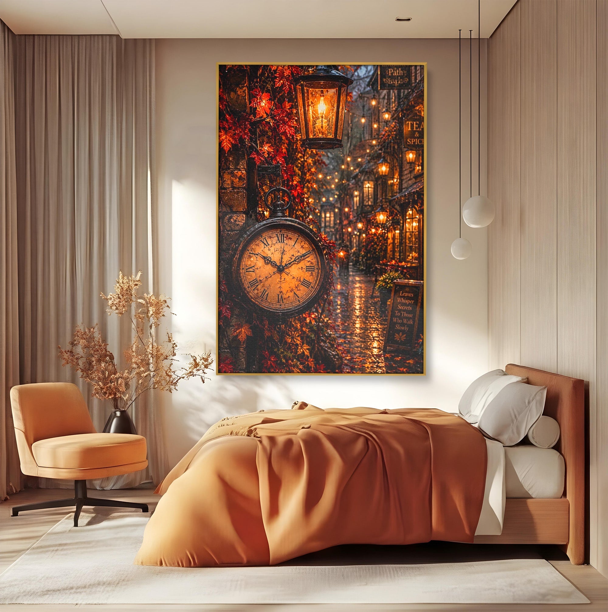 Tablou Canvas Premium LuxCanva® PI1117, Strada Vintage Cu Ceas, Alee, Felinar, Vintage, Lampi, Living, Culori Vibrante