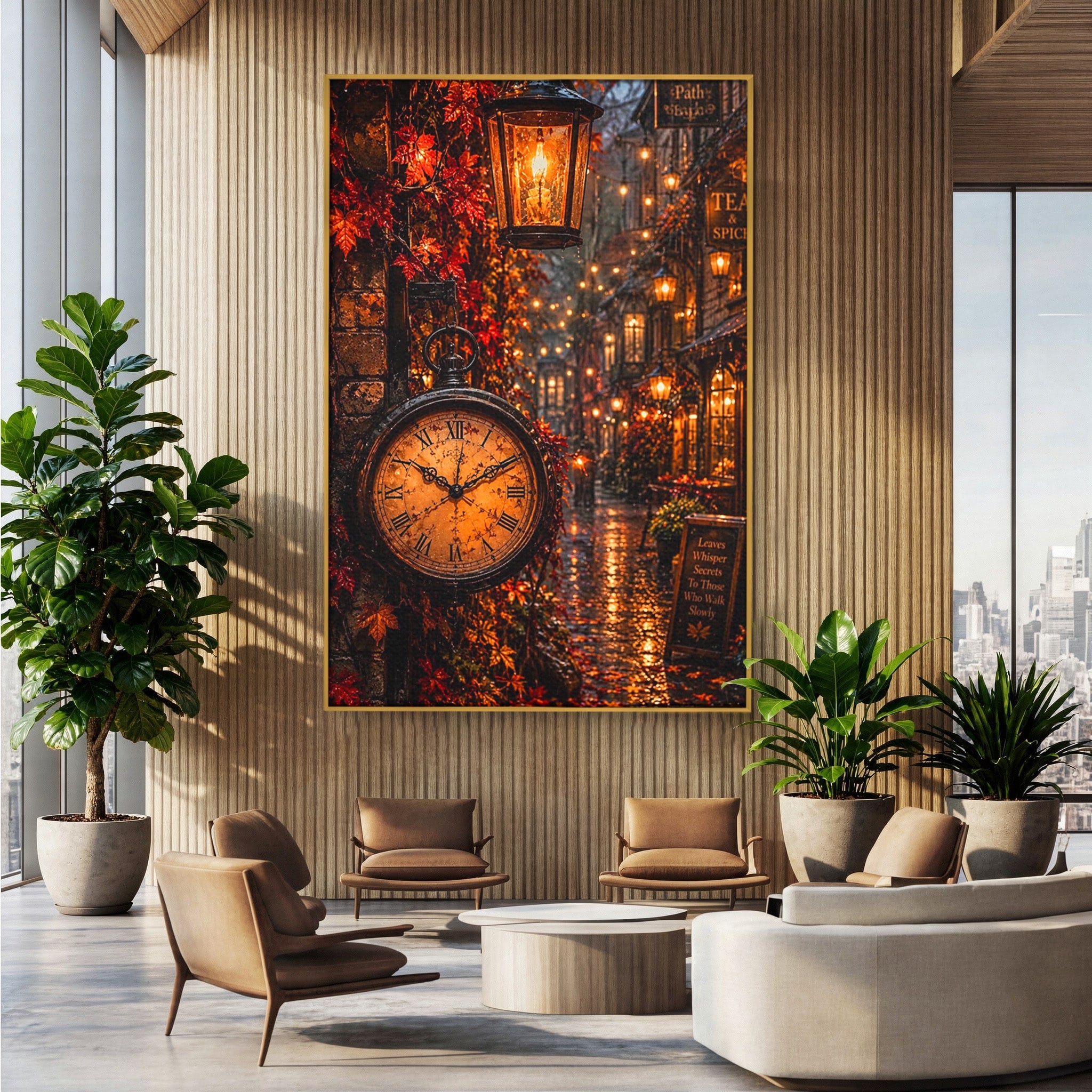 Tablou Canvas Premium LuxCanva® PI1117, Strada Vintage Cu Ceas, Alee, Felinar, Vintage, Lampi, Living, Culori Vibrante