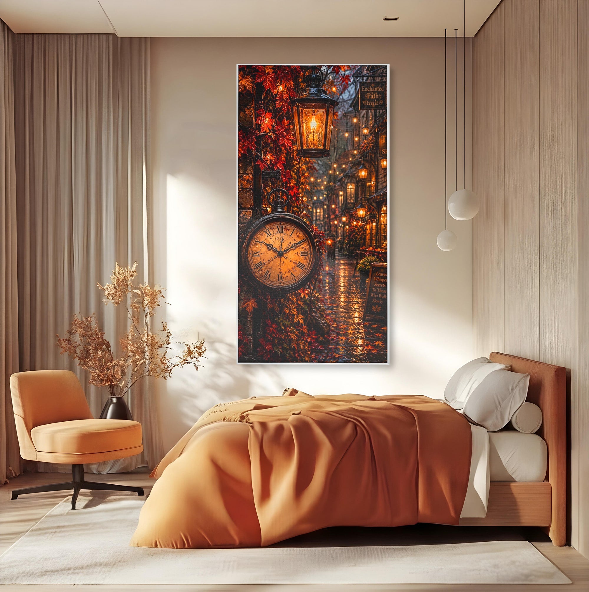 Tablou Canvas Premium LuxCanva® PI1117, Strada Vintage Cu Ceas, Alee, Felinar, Vintage, Lampi, Living, Culori Vibrante