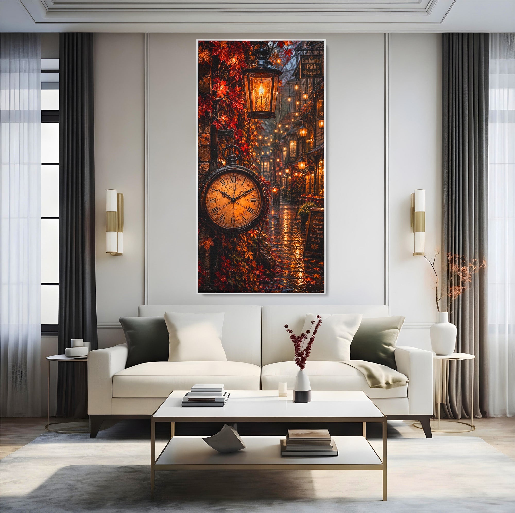 Tablou Canvas Premium LuxCanva® PI1117, Strada Vintage Cu Ceas, Alee, Felinar, Vintage, Lampi, Living, Culori Vibrante