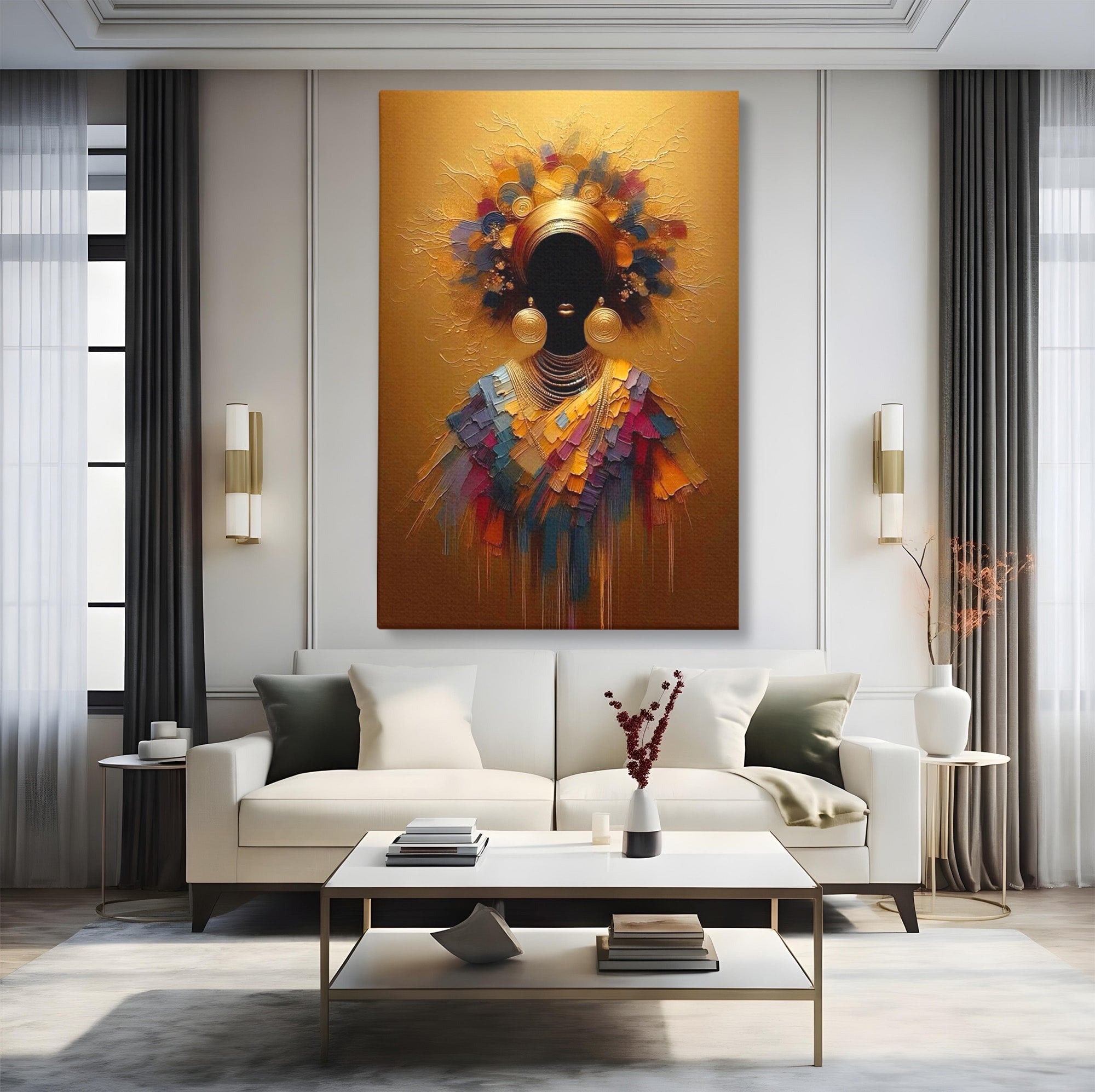 Tablou Canvas Premium LuxCanva® PI1118, Regina Africana, Bijuterii, Portret, Arta Contemporana, Eleganta, Dormitor, Living, Culori Vibrante