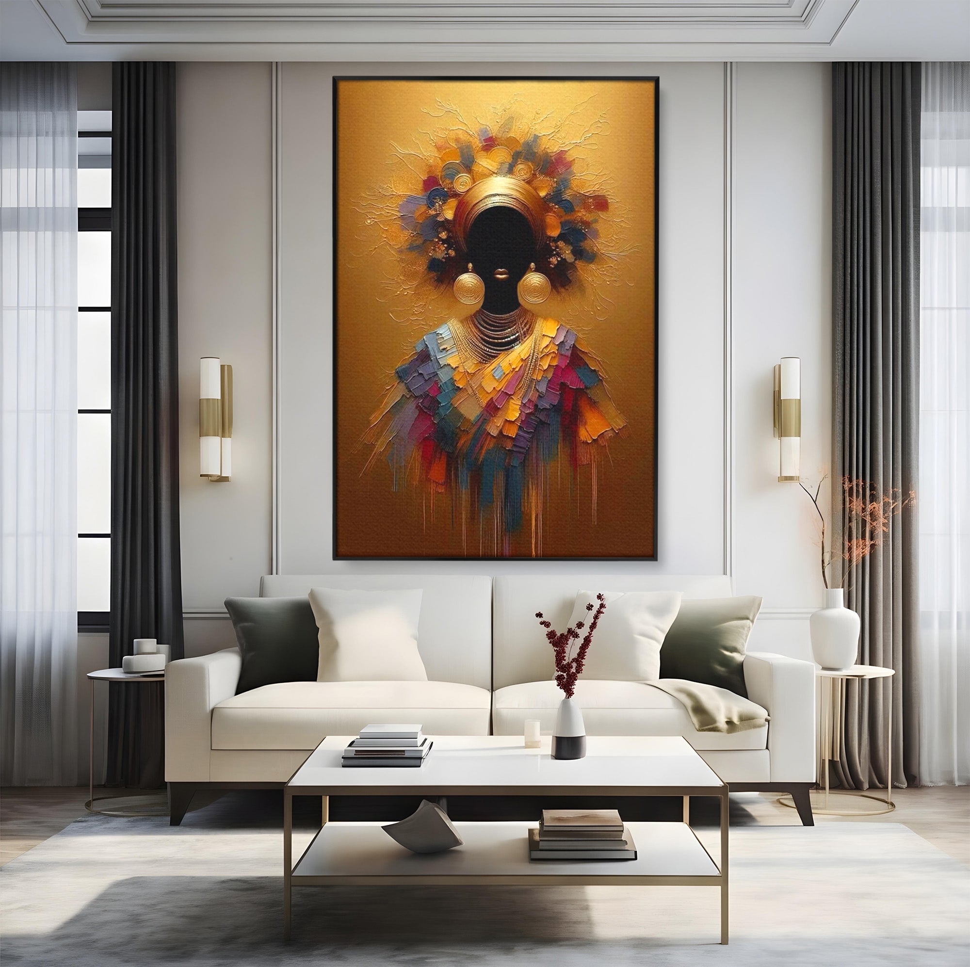Tablou Canvas Premium LuxCanva® PI1118, Regina Africana, Bijuterii, Portret, Arta Contemporana, Eleganta, Dormitor, Living, Culori Vibrante