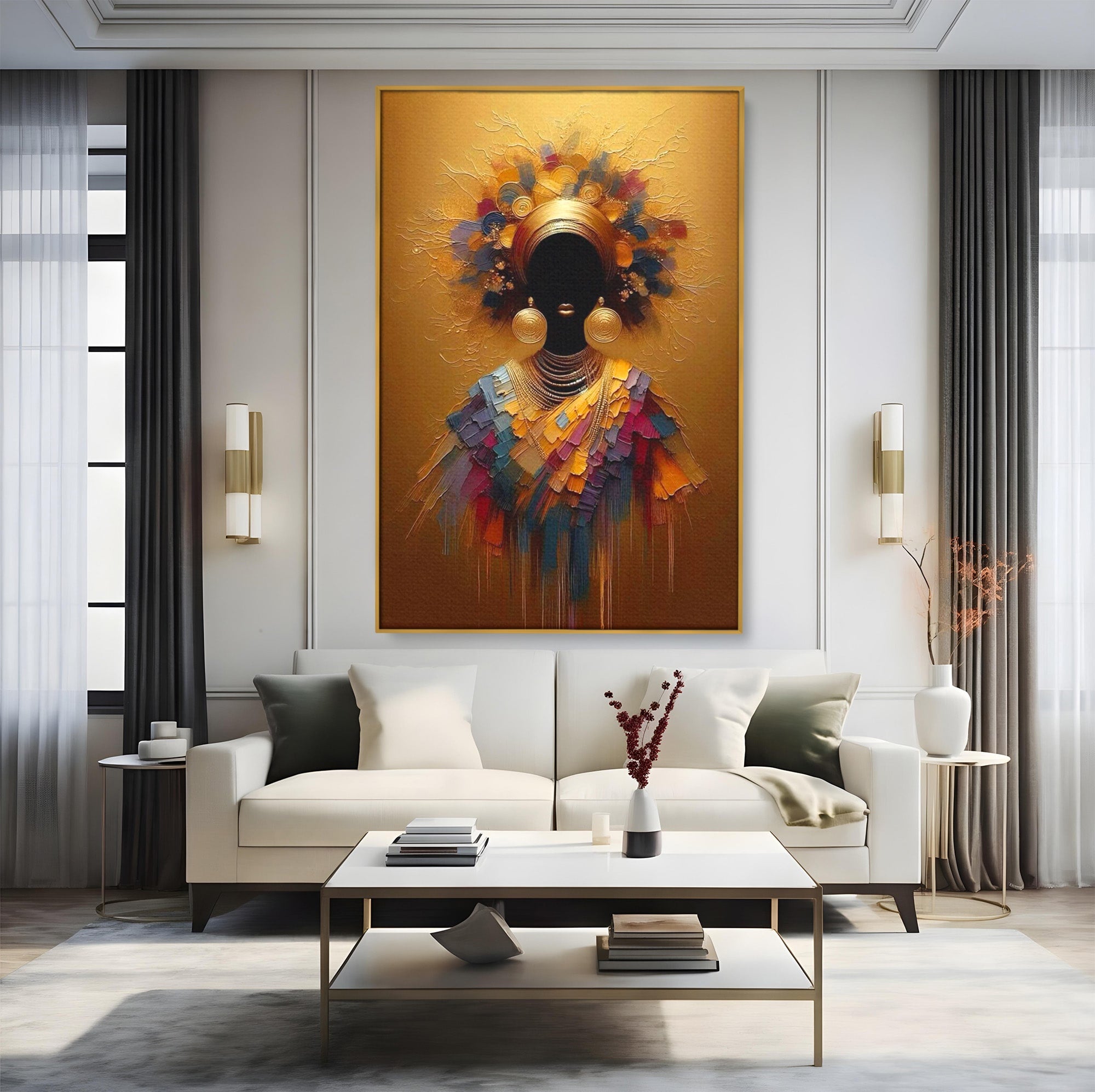 Tablou Canvas Premium LuxCanva® PI1118, Regina Africana, Bijuterii, Portret, Arta Contemporana, Eleganta, Dormitor, Living, Culori Vibrante