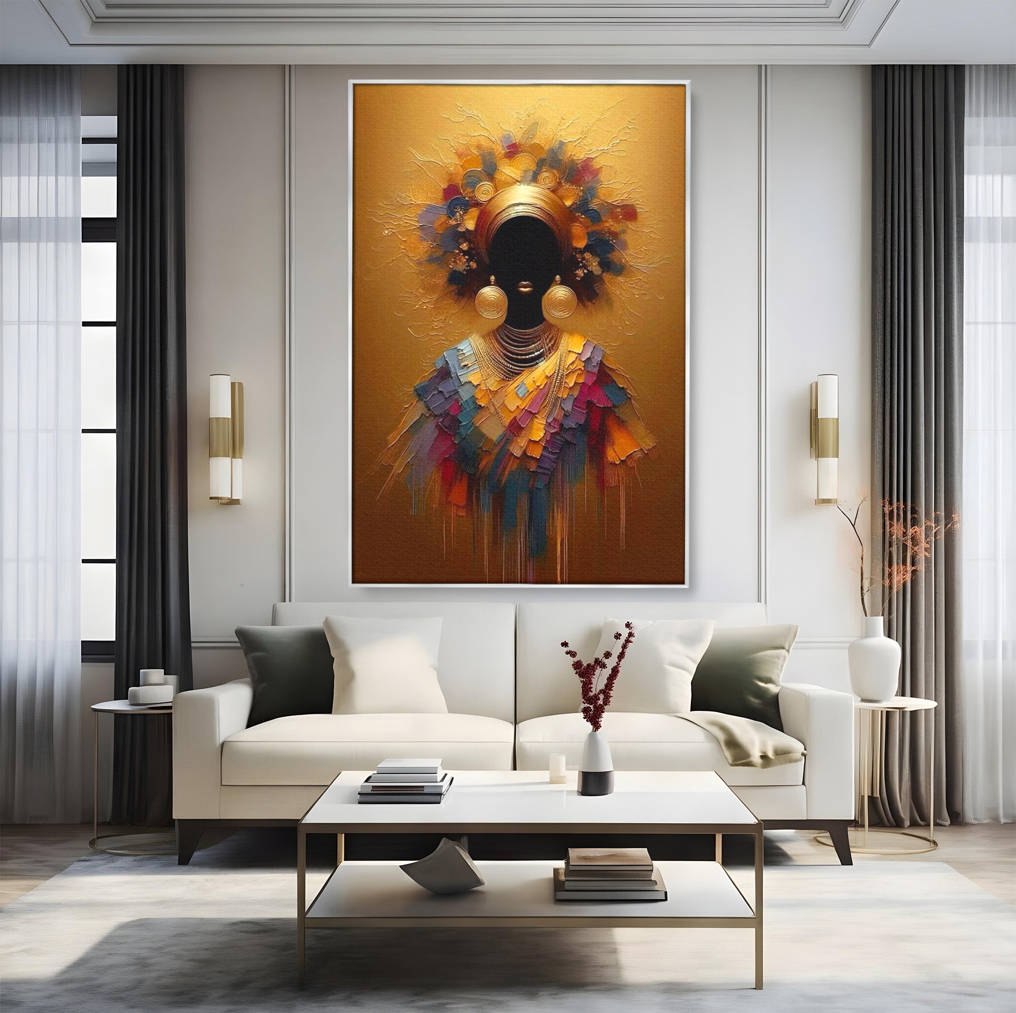 Tablou Canvas Premium LuxCanva® PI1118, Regina Africana, Bijuterii, Portret, Arta Contemporana, Eleganta, Dormitor, Living, Culori Vibrante