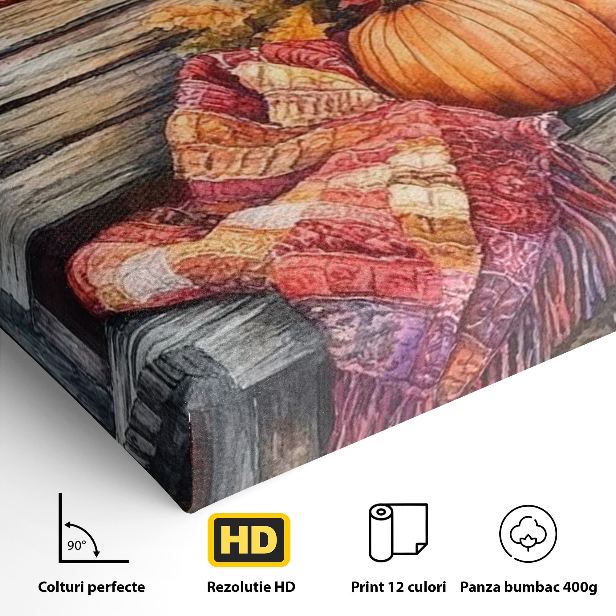 Tablou Canvas Premium LuxCanva® PI1119, Banca De Toamna, Felinar, Banca, Dovleci, Living, Peisaj, Culori Calde, Culori Vibrante