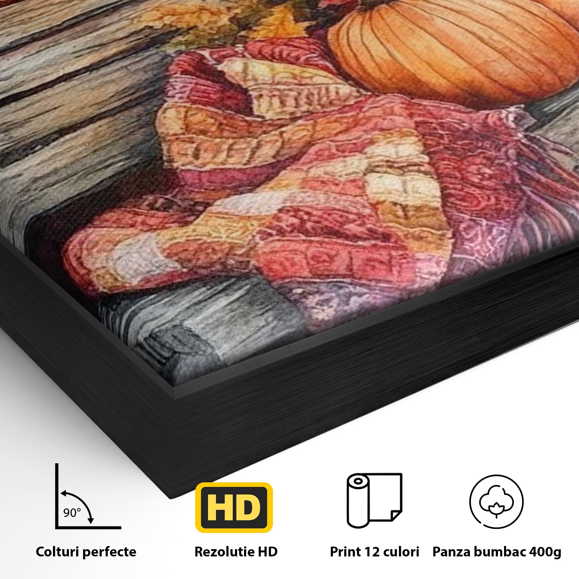 Tablou Canvas Premium LuxCanva® PI1119, Banca De Toamna, Felinar, Banca, Dovleci, Living, Peisaj, Culori Calde, Culori Vibrante