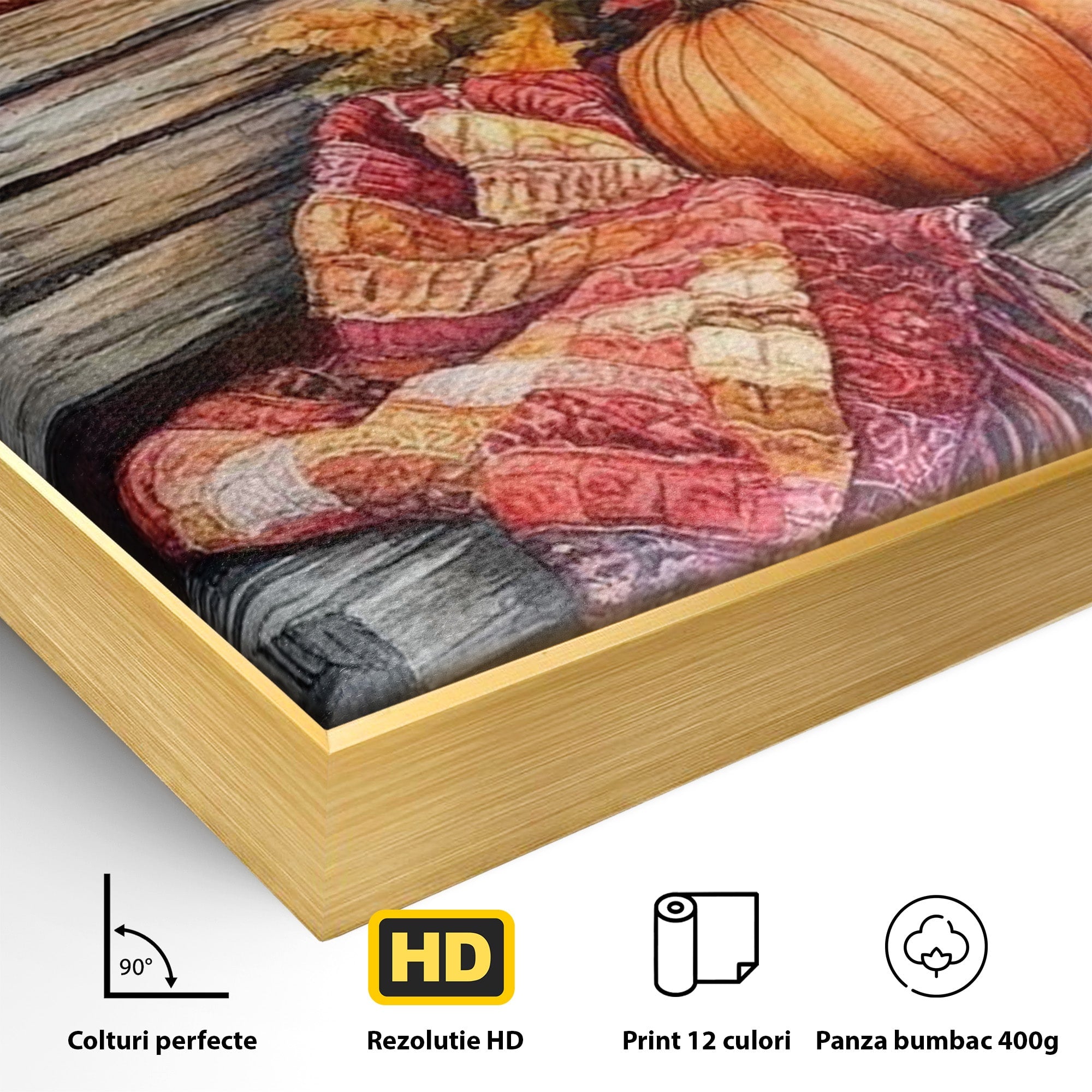 Tablou Canvas Premium LuxCanva® PI1119, Banca De Toamna, Felinar, Banca, Dovleci, Living, Peisaj, Culori Calde, Culori Vibrante