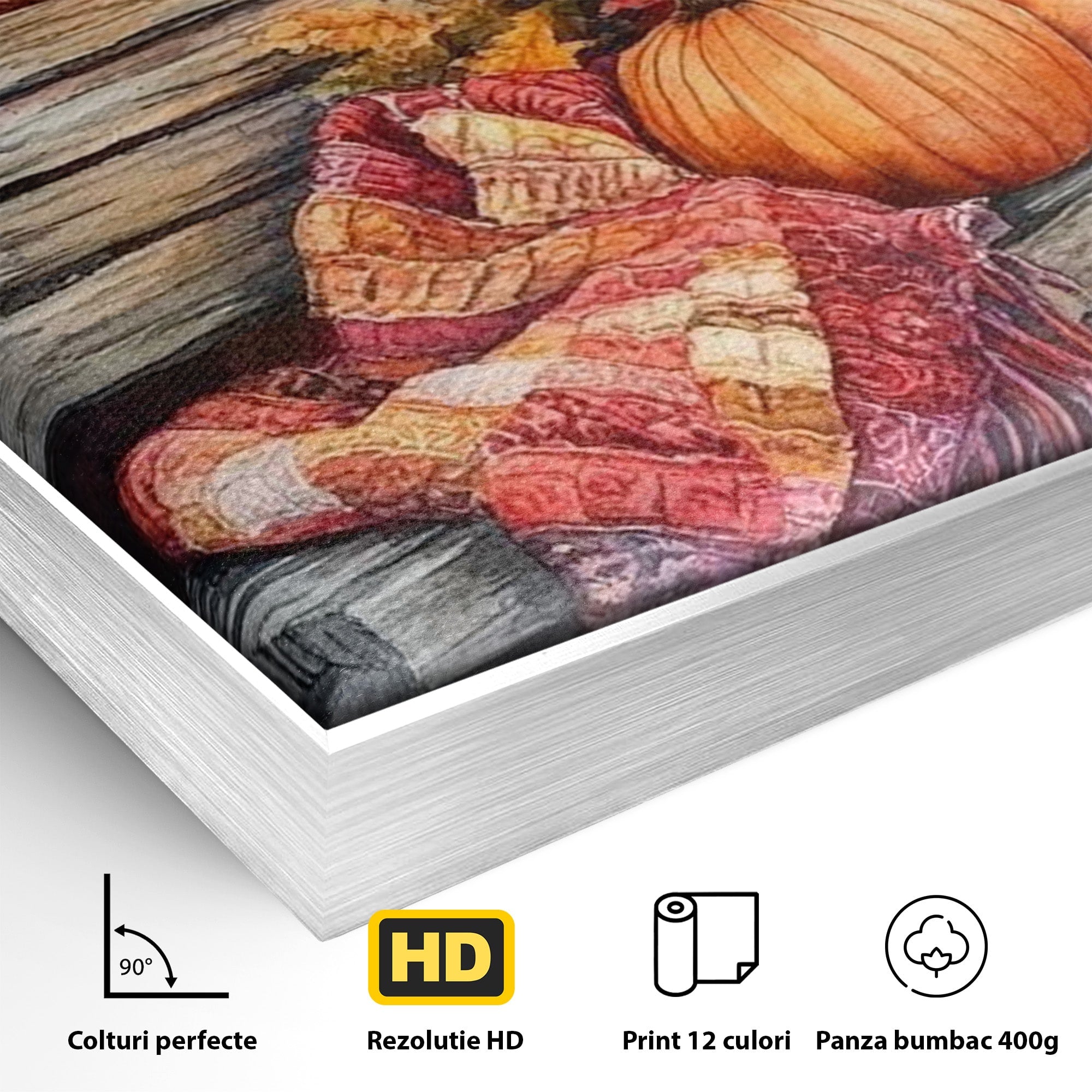Tablou Canvas Premium LuxCanva® PI1119, Banca De Toamna, Felinar, Banca, Dovleci, Living, Peisaj, Culori Calde, Culori Vibrante